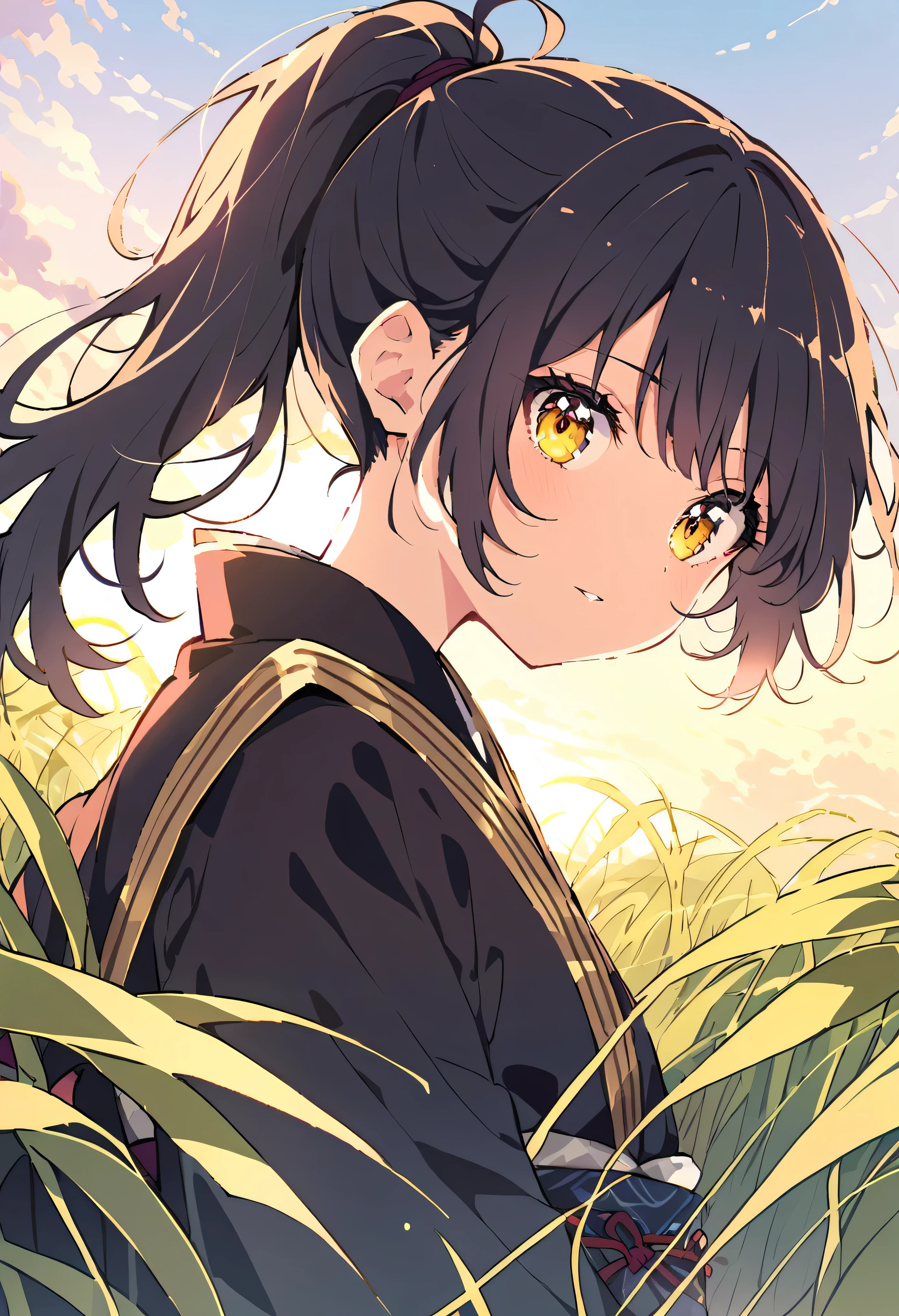 A girl wearing a waist-length kimono in a wheat field, black kimono with gold trim, her hair is tied in a ponytail, yellow eyes, The sunset is reflected in her eyes, the light falls on her face, Semi-sideways facing the camera