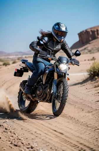 best quality, detailed, beautiful, insanely detailed, absurdres,perfect anatomy,
Japanese woman,black hair,27 years old,
(slender),
(small breasts),
smiling, riding motorcycle, (jumping:1.2), long hair, Fun Scene, in the desert, dynamic angle