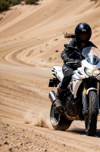 best quality, detailed, beautiful, insanely detailed, absurdres,perfect anatomy,
Japanese woman,black hair,27 years old,
(slender),
(small breasts),
smiling, riding motorcycle, (jumping:1.2), long hair, Fun Scene, in the desert, dynamic angle