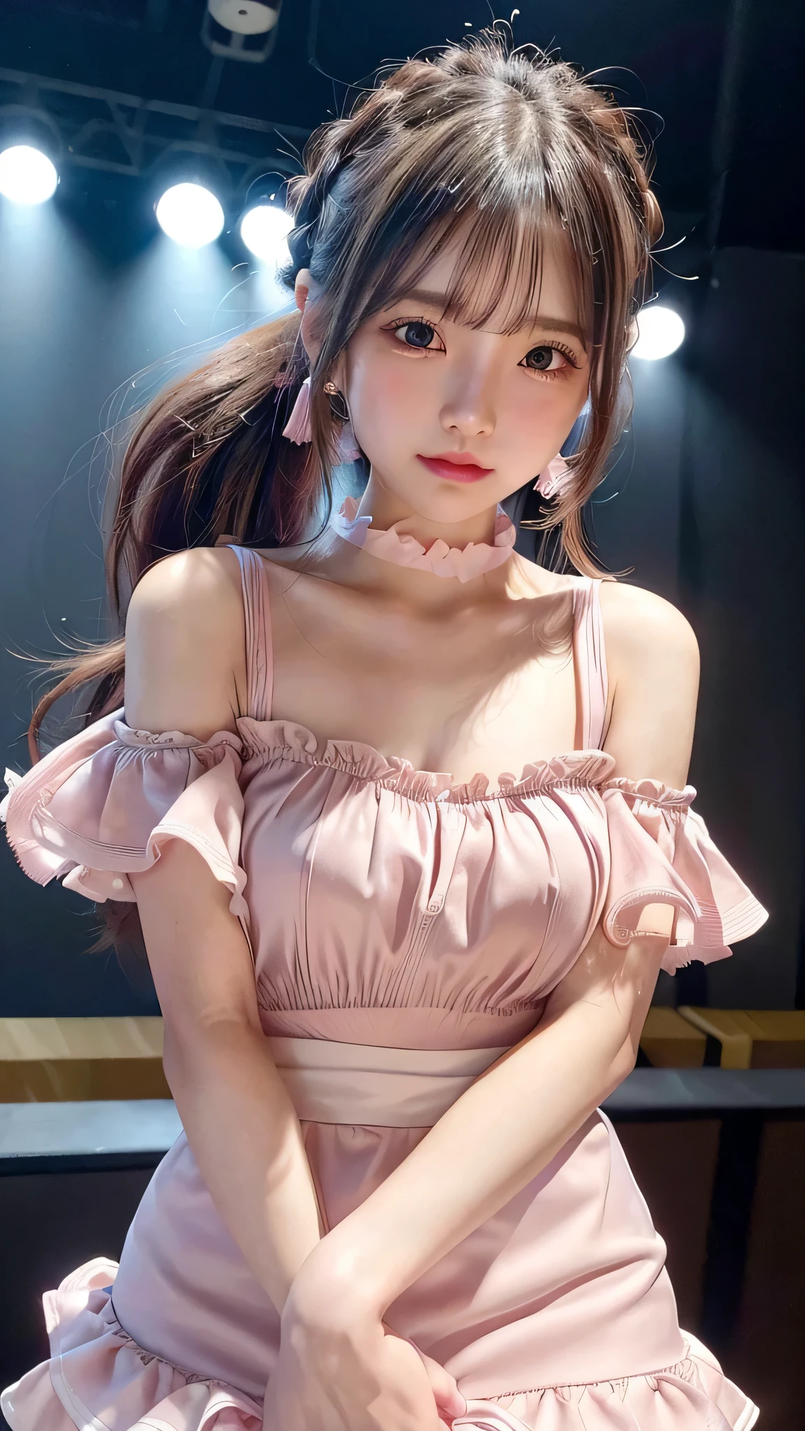 blush,small breasts,14 years old,long hair ponytail,on stage,Are standing,((8K, Raw photo, highest quality, pieces fly:1.2), (reality, realistic:1.4), (Highly detailed 8K wallpaper), written boundary depth, cinematic lighting, soft light, Details beauty eye,Shiny and smooth light brown ponytail, asymmetrical bangs, shiny skin, super dense skin ,High resolution, high detail, detailed hairstyle, Detailed beauty faces, hyper real, perfect limbs, perfect anatomy ,1 Japanese girl,famous japanese idol, perfect female body,shy smile,short eyelashes,double eyelid,look straight here,Hair style is ponytail、Long pink dress with lots of frills, soft shaped skirt, standing on stage,pink ribbon on head,She is wearing a long skirt with lots of frills..,neat clothes