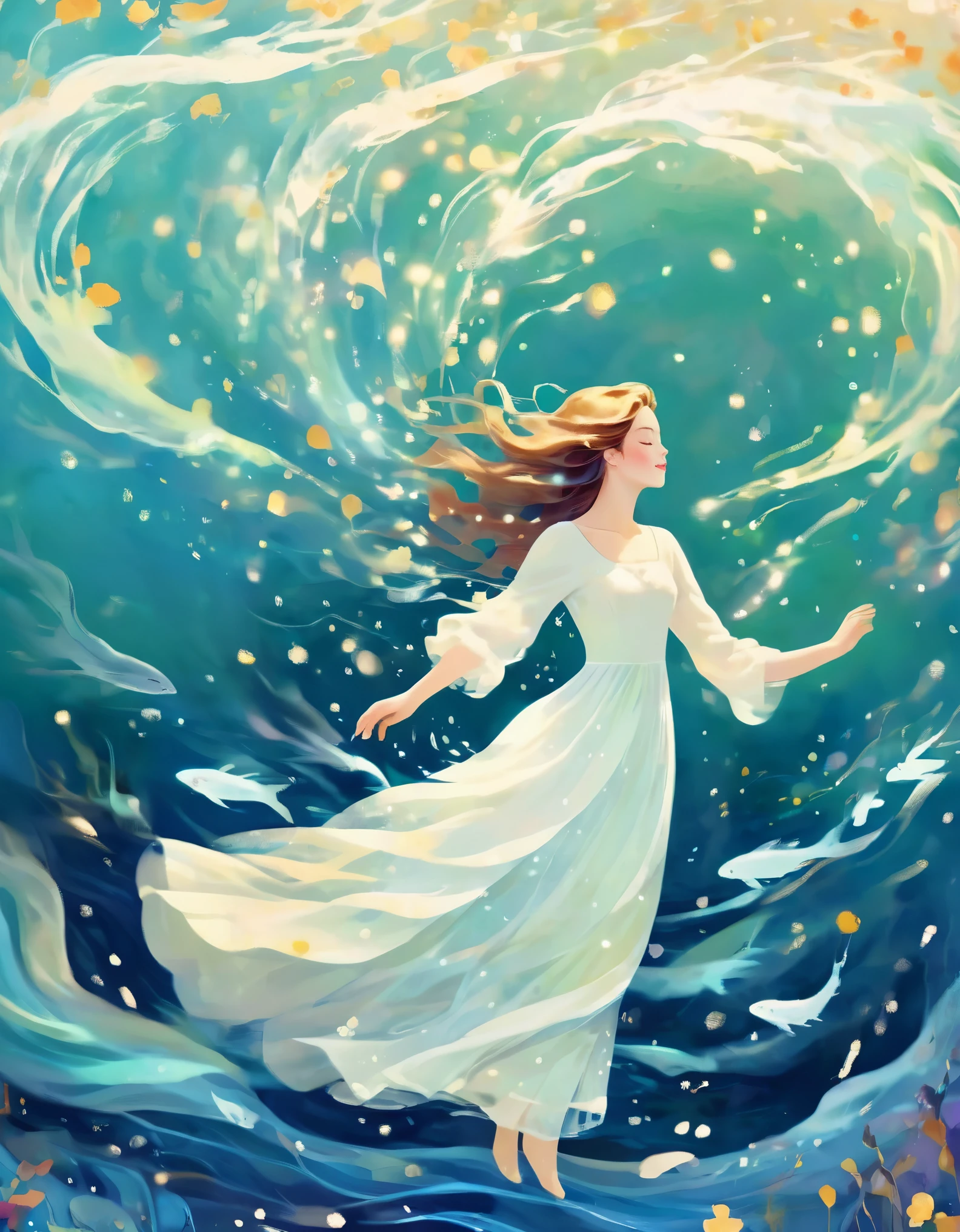 (A girl wearing a white dress lying calmly in the blue seawater with her eyes closed), sparkling light, the water waves are blue-green, the skin is so white that it sparkles, illustration art, Ophelia, 1851 theme, Instagram style, young and beautiful Chinese female model, Kawaguchi skating rink style, ventilation, Mercury, natural light