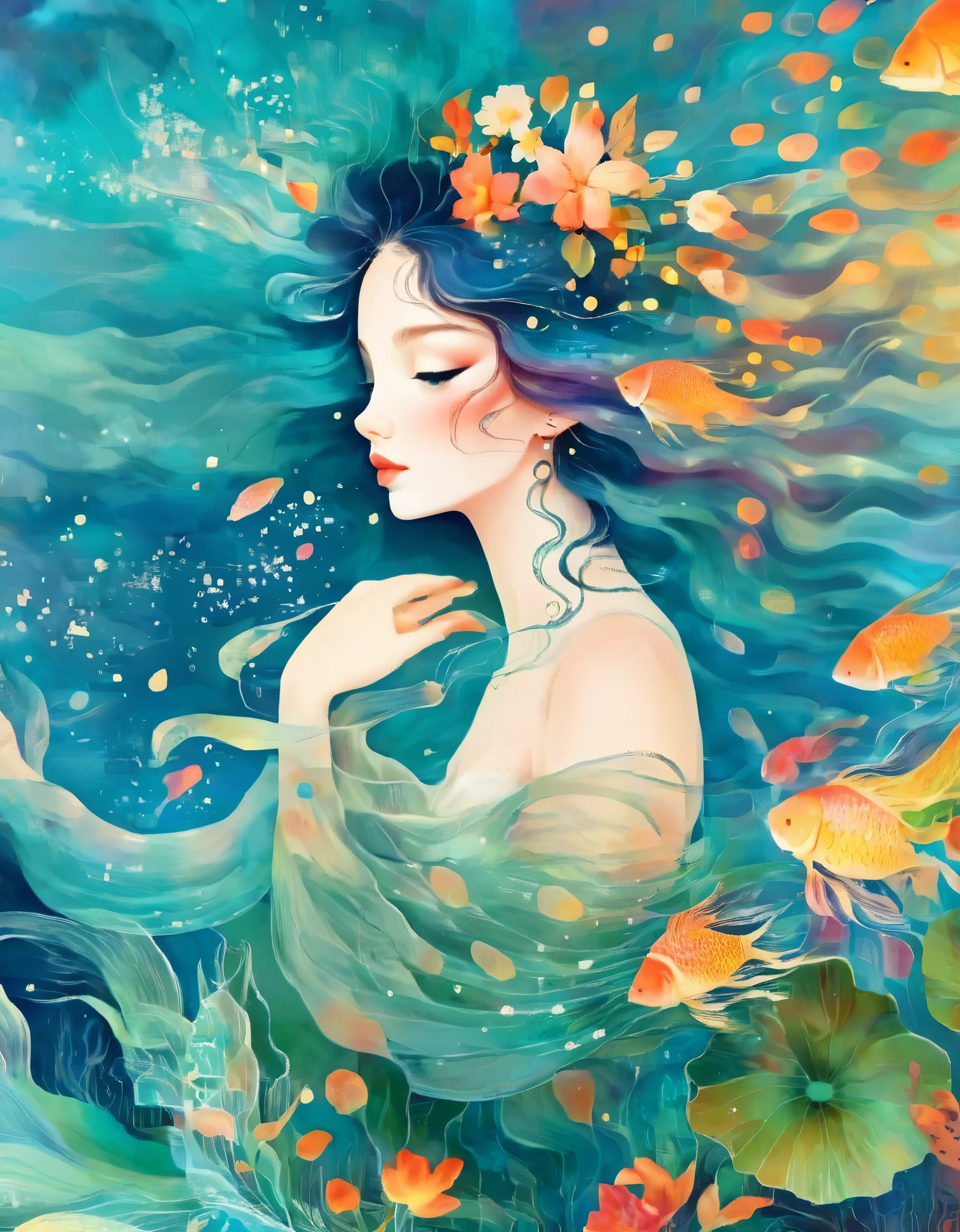 Tropical Island Mermaid by Victo Ngai and Anna Dittmann, flowerpunk, serene stylized, ocean, ukiyo-e, beksinski, leonid afremov