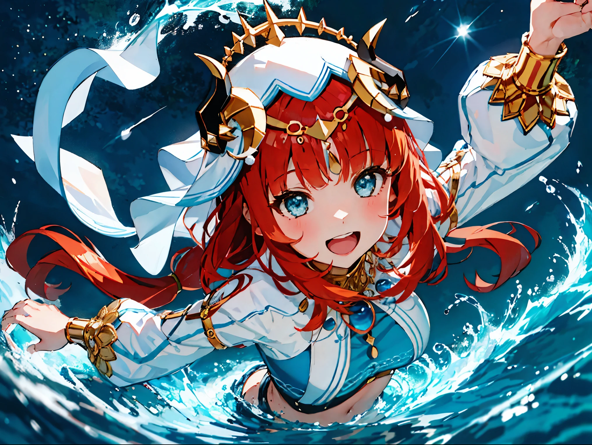 very detailed expression，high quality，16K、8K、High level image quality、masterpiece、1 girl、keep your mouth wide open、Please smile big、beautiful teeth,Look up at the starry sky,floating on the water surface,floating on water,stars shining on the water surface,calm water surface,sky seen from the water surface,lying on the water、white dress,redhead,(((30 years old)))