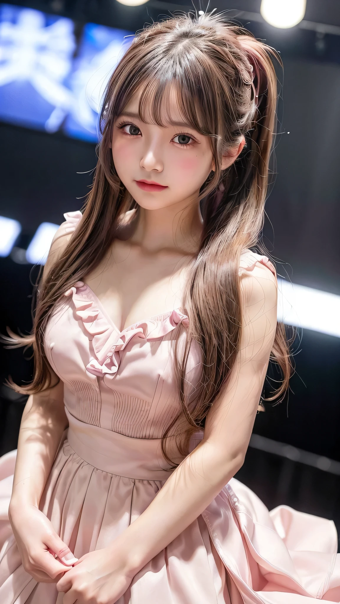 blush,small breasts,,long hair ponytail,on stage,Are standing,((8K, Raw photo, highest quality, pieces fly:1.2), (reality, realistic:1.4), (Highly detailed 8K wallpaper), written boundary depth, cinematic lighting, soft light, Details beauty eye,Shiny and smooth light brown ponytail, asymmetrical bangs, shiny skin, super dense skin ,High resolution, high detail, detailed hairstyle, Detailed beauty faces, hyper real, perfect limbs, perfect anatomy ,1 Japanese girl,famous japanese idol, perfect female body,shy smile,short eyelashes,double eyelid,look straight here,Hair style is ponytail、Long pink dress with lots of frills, soft shaped skirt, standing on stage,pink ribbon on head,She is wearing a long skirt with lots of frills..,neat clothes