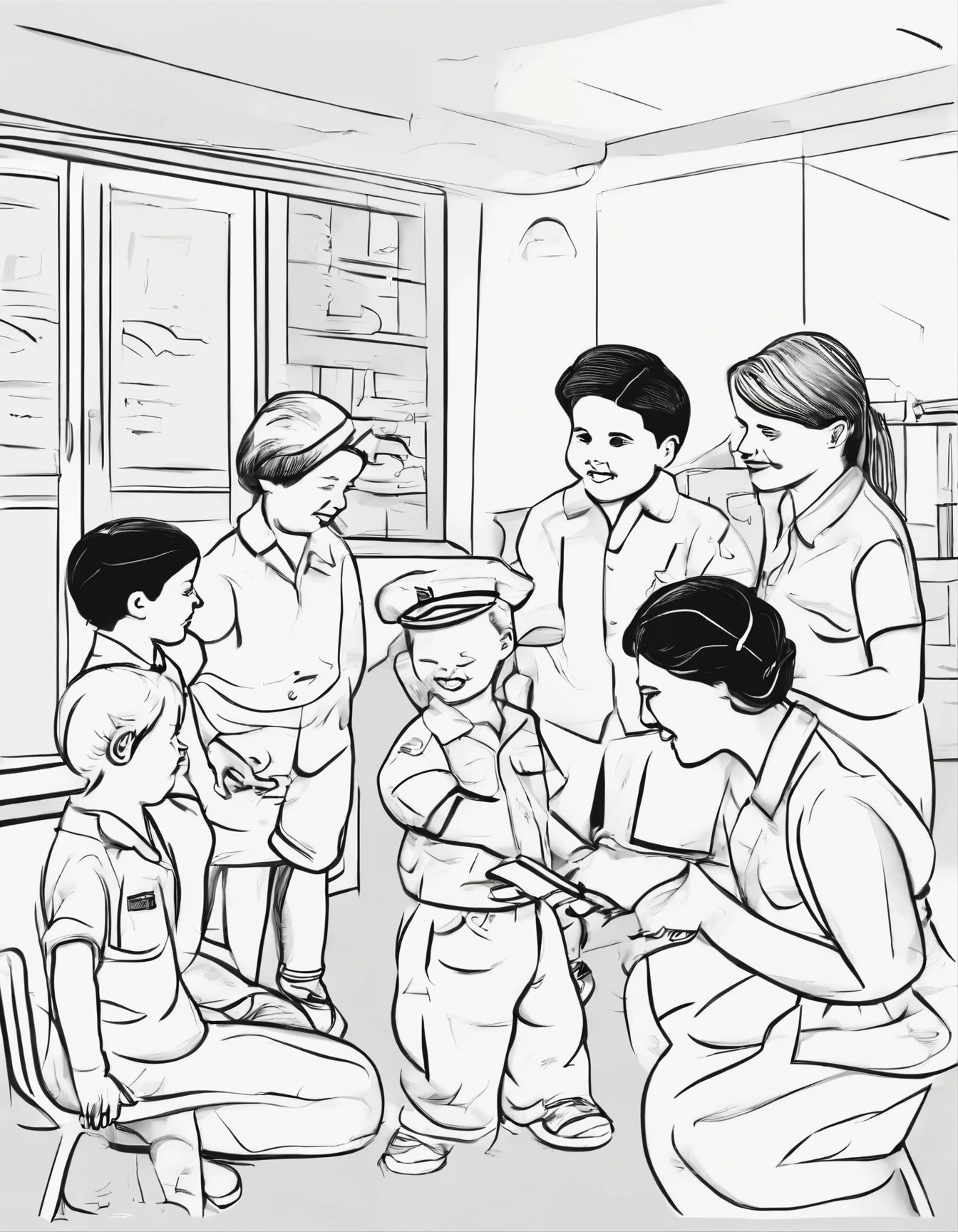 All black and white background and simple sketch of a Veterans Daycare: Children interacting with veterans at a daycare, showing respect and gratitude for their service.