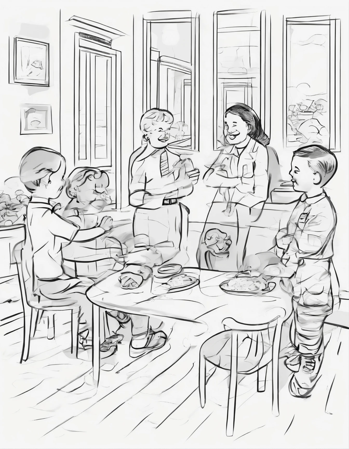 All black and white background and simple sketch of a Veterans Daycare: Children interacting with veterans at a daycare, showing respect and gratitude for their service.