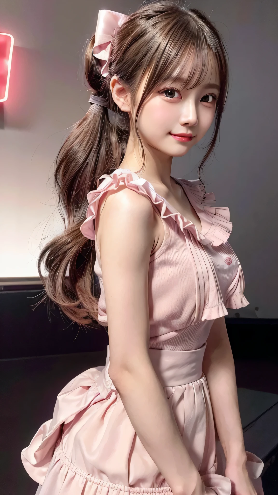 blush,small breasts,************,long hair ponytail,on stage,Are standing,((8K, Raw photo, highest quality, pieces fly:1.2), (reality, realistic:1.4), (Highly detailed 8K wallpaper), written boundary depth, cinematic lighting, soft light, Details beauty eye,Shiny and smooth light brown ponytail, asymmetrical bangs, shiny skin, super dense skin ,High resolution, high detail, detailed hairstyle, Detailed beauty faces, hyper real, perfect limbs, perfect anatomy ,1 Japanese girl,famous japanese idol, perfect female body,shy smile,short eyelashes,double eyelid,look straight here,Hair style is ponytail、Long pink dress with lots of frills, soft shaped skirt, standing on stage,pink ribbon on head,She is wearing a long skirt with lots of frills..,neat clothes