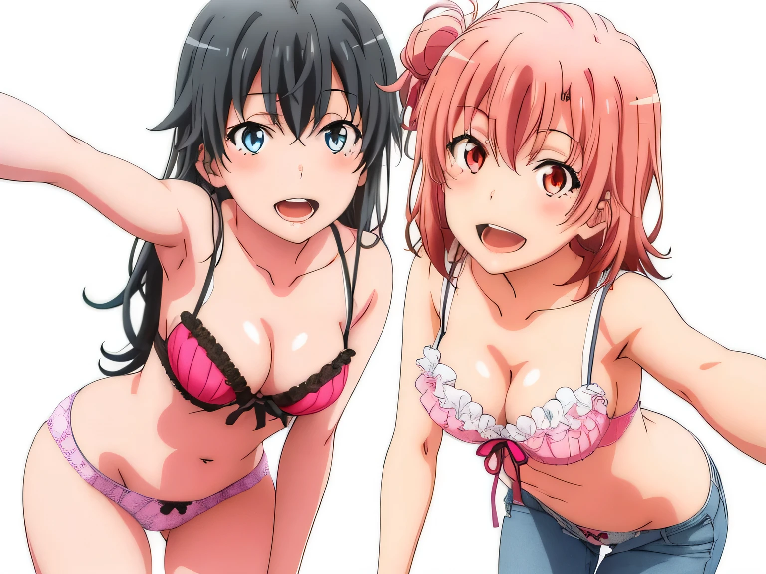 2 girls , Yukinoshita Yukino , yuigahama yui'the bust is amazing,pin up,In underwear,Please bring your face closer to the camera,white panties,red ribbon on pants,pink panties,pussy,cowboy shot,high angle,beautiful eyes,open mouth smile,look at the camera,camera up to head
