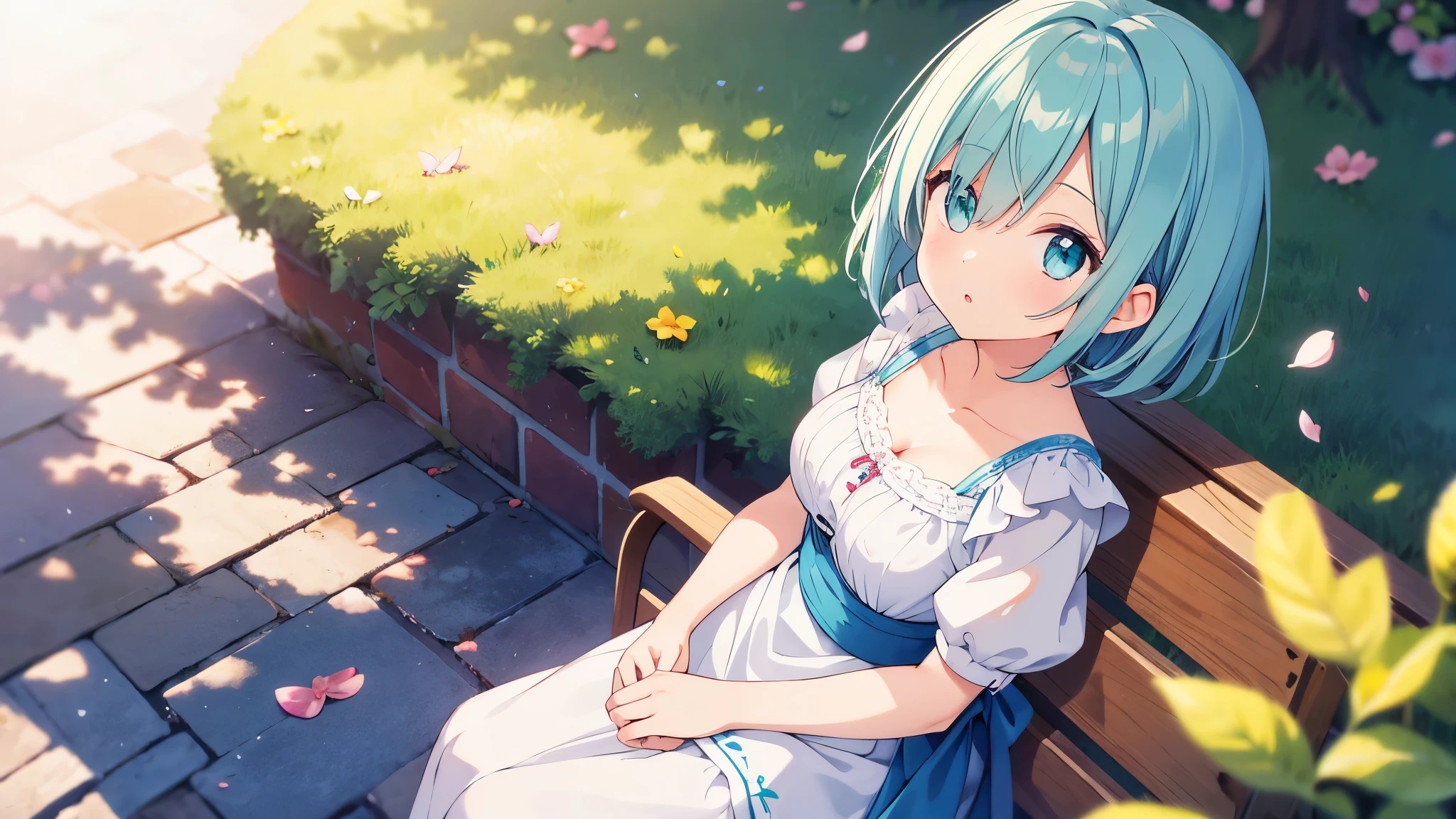 ((solo:1.2)),cute girl sitting on bench in garden,frilled dirndl,from above,looking up,cobblestone pavement,aqua hair,fine bob cut,(hair over one eye),(dappled sunlight:1.2),blurry,(depth of field:1.1),head tilt,:o,(petals),tree,butterfly