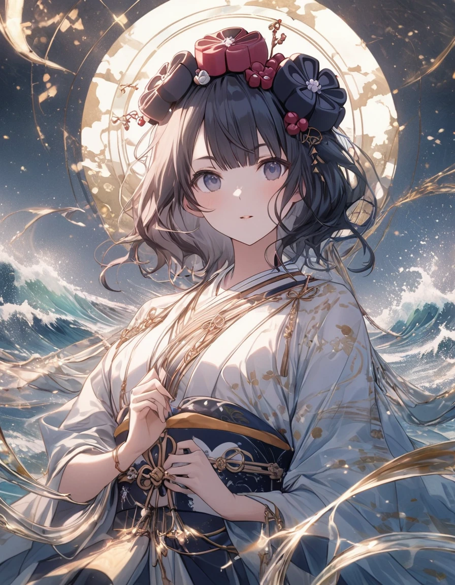 Embark on a visual journey where the enchanting animation style of Makoto Shinkai intertwines with the intricate brushwork of Katsushika Hokusai. Picture a scene of ancient Japan, where a mystical shrine maiden gracefully dances upon the rippling surface of the sea, her movements infused with spiritual devotion. Blend Shinkai's signature soft hues and atmospheric landscapes with Hokusai's bold lines and dynamic compositions, creating a fusion of tradition and innovation. As the maiden's flowing robes flutter in the sea breeze, let the waves mirror her graceful gestures, conveying a sense of transcendence and connection with nature. Through this unique artistic synthesis, evoke a timeless sense of wonder and reverence for Japan's ancient spiritual practices.