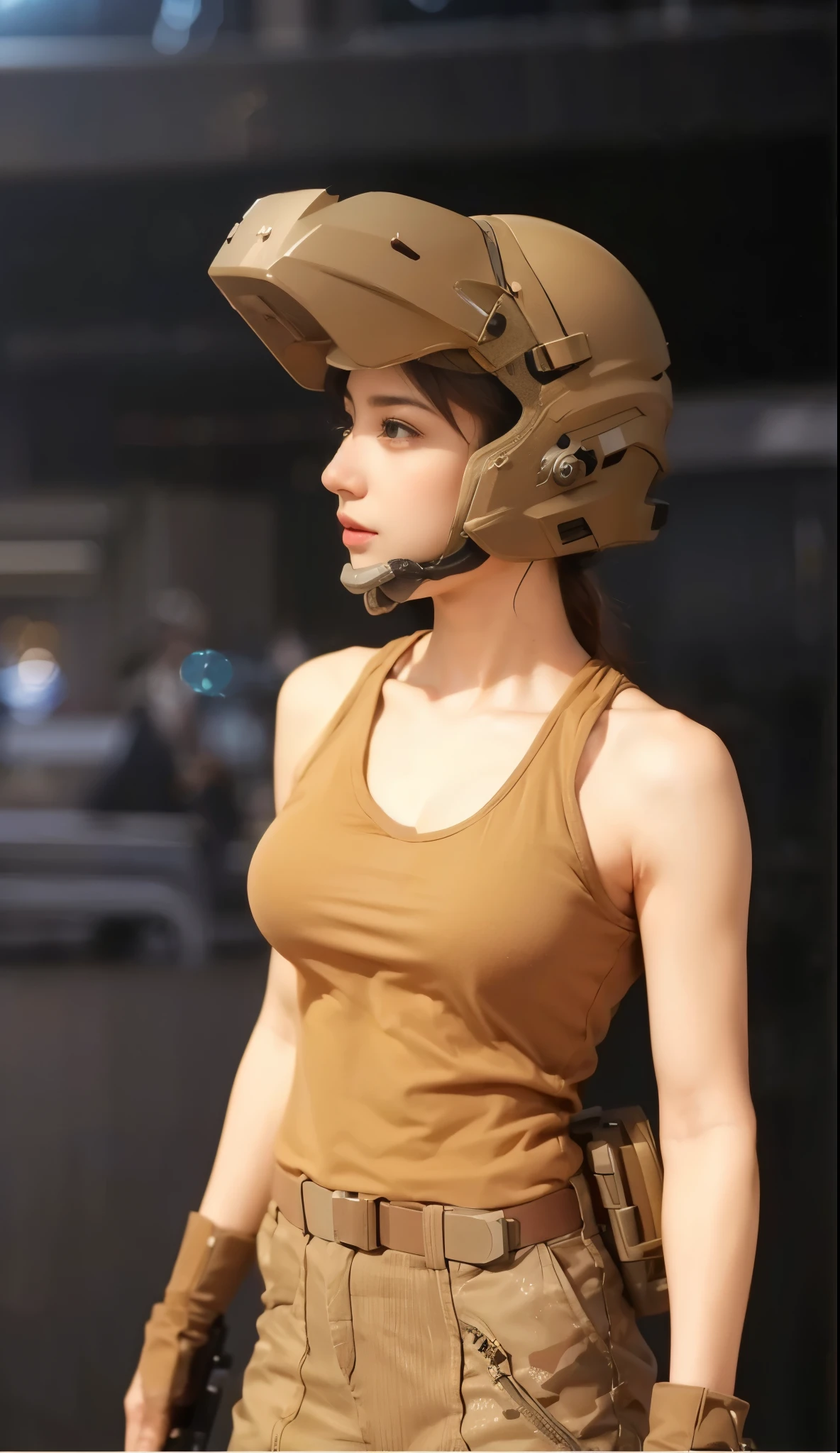 (realistic,photorealistic:1.37),(Super detailed), (Professional),(sharp focus), (Bright colors), (Bokeh),(portrait), (skin texture:1.1), (gun:1.1)、helmet with night vision scope