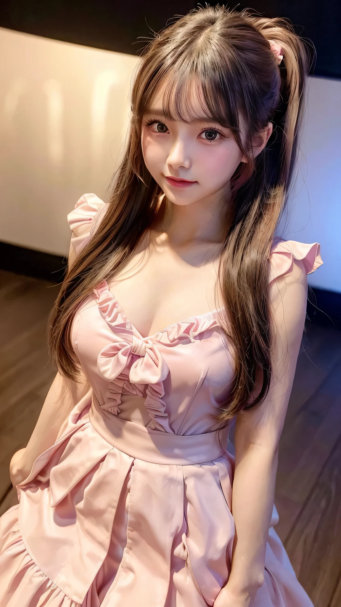 blush,small breasts,,long hair ponytail,on stage,Are standing,((8K, Raw photo, highest quality, pieces fly:1.2), (reality, realistic:1.4), (Highly detailed 8K wallpaper), written boundary depth, cinematic lighting, soft light, Details beauty eye,Shiny and smooth light brown ponytail, asymmetrical bangs, shiny skin, super dense skin ,High resolution, high detail, detailed hairstyle, Detailed beauty faces, hyper real, perfect limbs, perfect anatomy ,1 Japanese girl,famous japanese idol, perfect female body,shy smile,short eyelashes,double eyelid,look straight here,Hair style is ponytail、Long pink dress with lots of frills, soft shaped skirt, standing on stage,pink ribbon on head,She is wearing a long skirt with lots of frills..,neat clothes