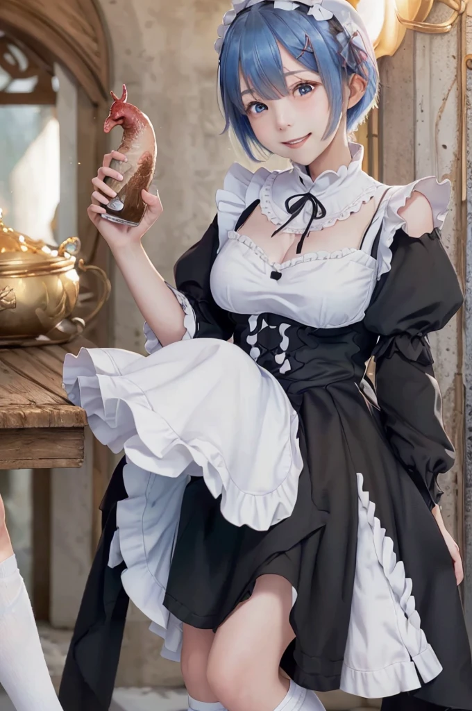Blue hair, Short hair, Eye Cover), (Re:Staynight\), (Smile, blush, contempt), (castle), (masutepiece, precise, Best Quality, Best Quality, High resolution, Textured skin,)( anime shoujo, Beautiful High School Girl) (Skirt, medium breasts, thin legs, White knee-length socks), blush, ((maid clothes)), Dignified, Cock! 4 k, Cock! 4K, in dress, official artwork with high detail