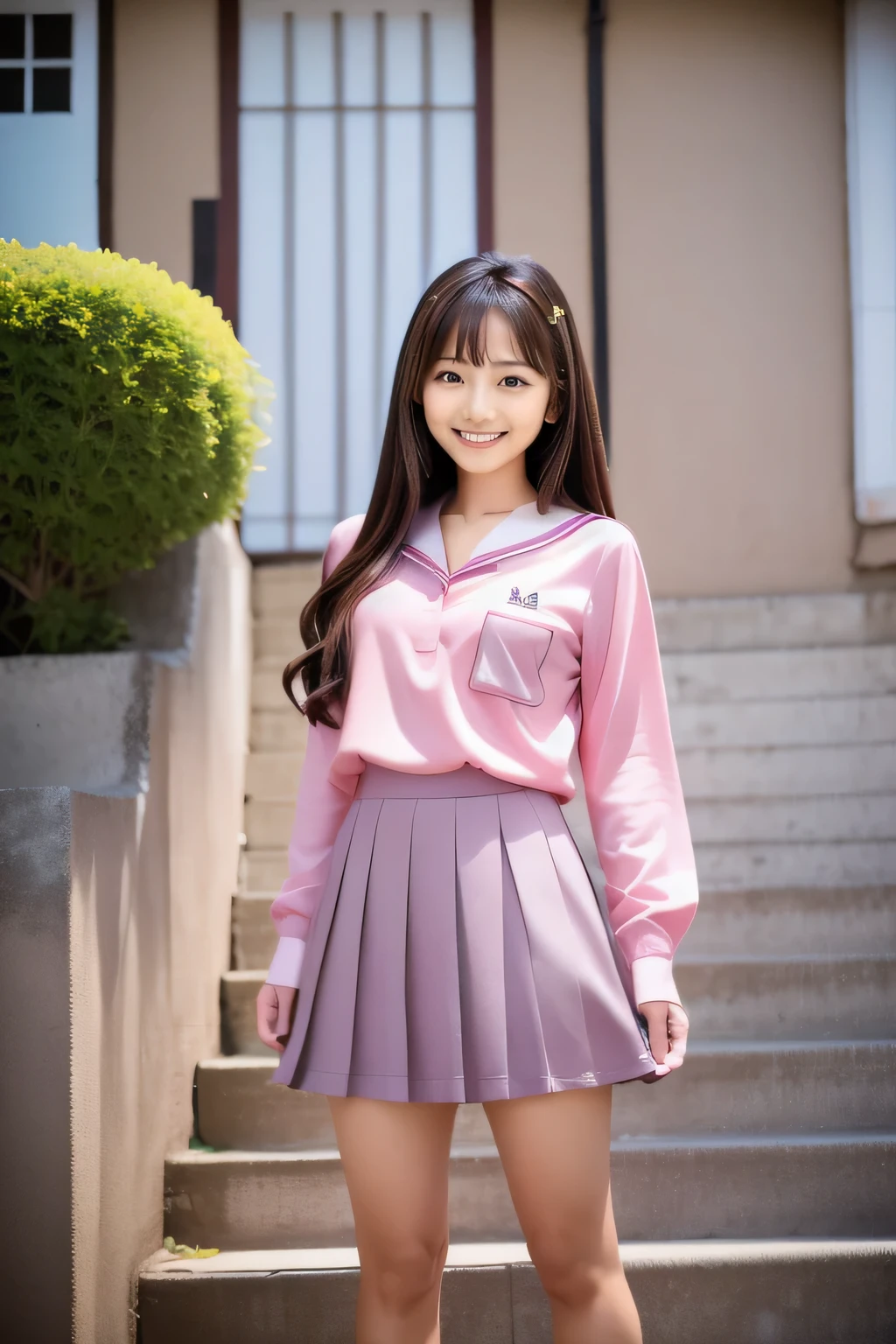 A woman in a pink shirt is standing on the stairs, wears long flowing clothes, asian girl with long hair, Chiho, korean girl, Japan teenage portrait, real anime girl, with long hair, seifuku, canon eos 5 d mark ivで撮影, Ulzzang, korean female fashion model