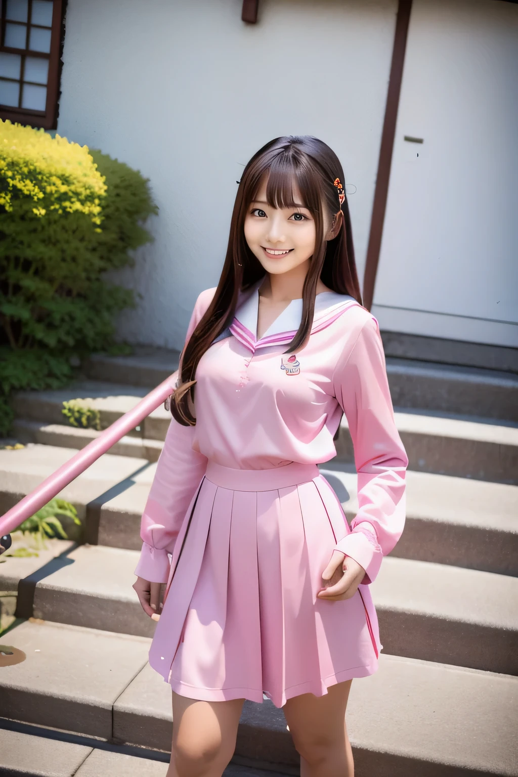 A woman in a pink shirt is standing on the stairs, wears long flowing clothes, asian girl with long hair, Chiho, korean girl, Japan teenage portrait, real anime girl, with long hair, seifuku, canon eos 5 d mark ivで撮影, Ulzzang, korean female fashion model