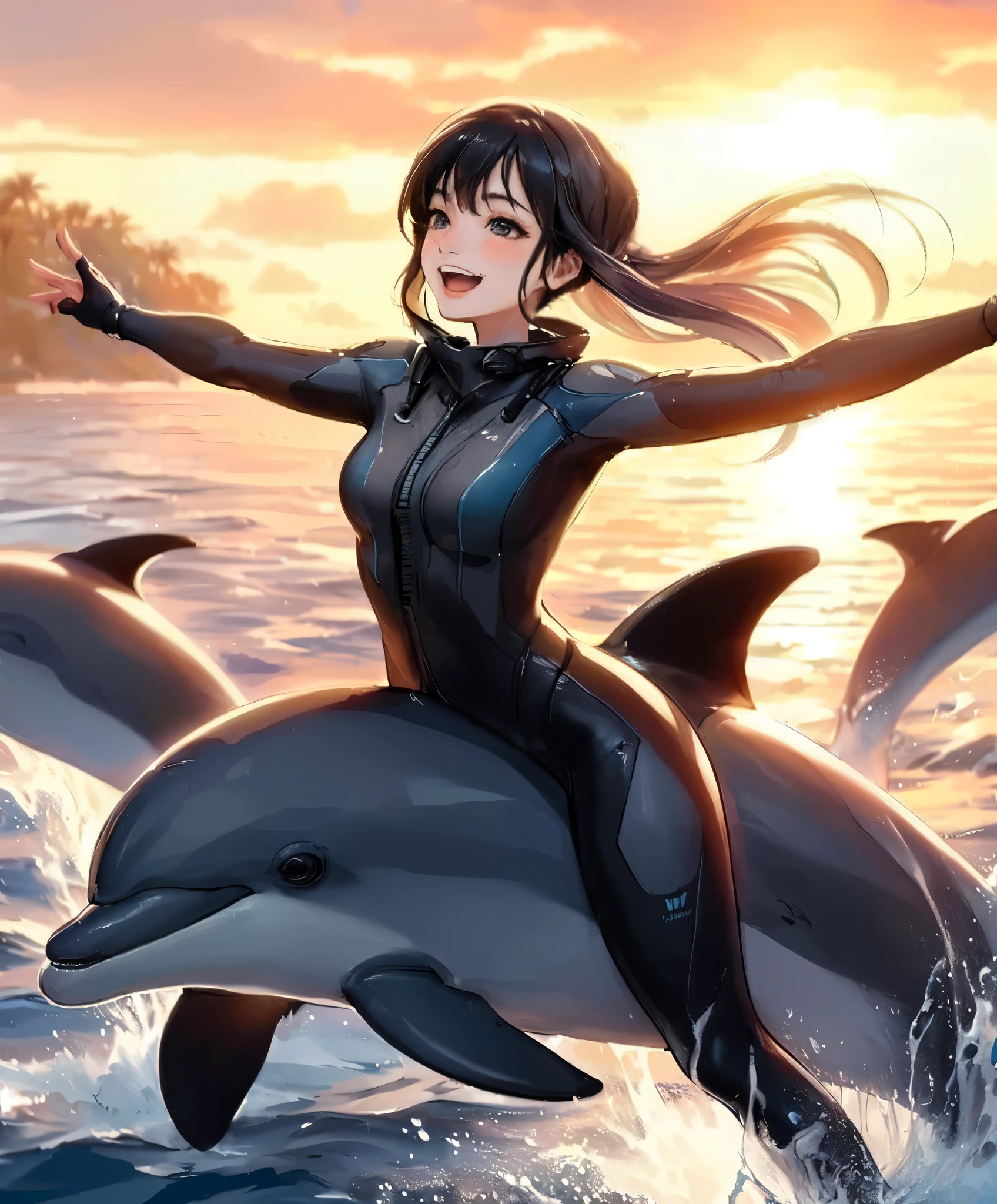 1lady solo, (riding a dolphin:1.2), (dynamic posing), (wetsuit) stylish, mature female, /(black hair/) wind, blush happy smile, (open mouth) (teeth:0.8), (masterpiece best quality:1.2) delicate illustration ultra-detailed, medium breasts BREAK (dolphins leaping and dancing:1.2), (realistic dolphin), splash BREAK /(vast ocean/) outdoors, dolphins, sea surface, sunset sky, at dusk, detailed background