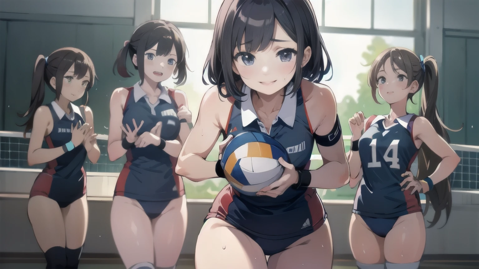unity 8k wallpaper, anatomically correct, (((masterpiece))), (((best quality))), (((ultra detailed))), (((high-resolution))), ((super fine illustration)), ((Ultimate cutie)), ((detailed beautiful face)), perfect hands, perfect finger, (((good anatomy))), BREAK, multiple girls, lovingly gaze, harem, group picture, 17 years old, (potbelly), (Curve), medium breasts, ((thick thighs)), Shiny hair, (((coquettish smile))), (((blush))), BREAK, Adidas, Sleeveless collared Volleyball Uniforms, ((wristbands)), BREAK, (Hold the beautiful spherical 6-inch volleyball), ((Sweat)), (perspired), (Heavy breathing), in gymnasium, in volleyball court, depth of field, strong light, cowboy shot,,