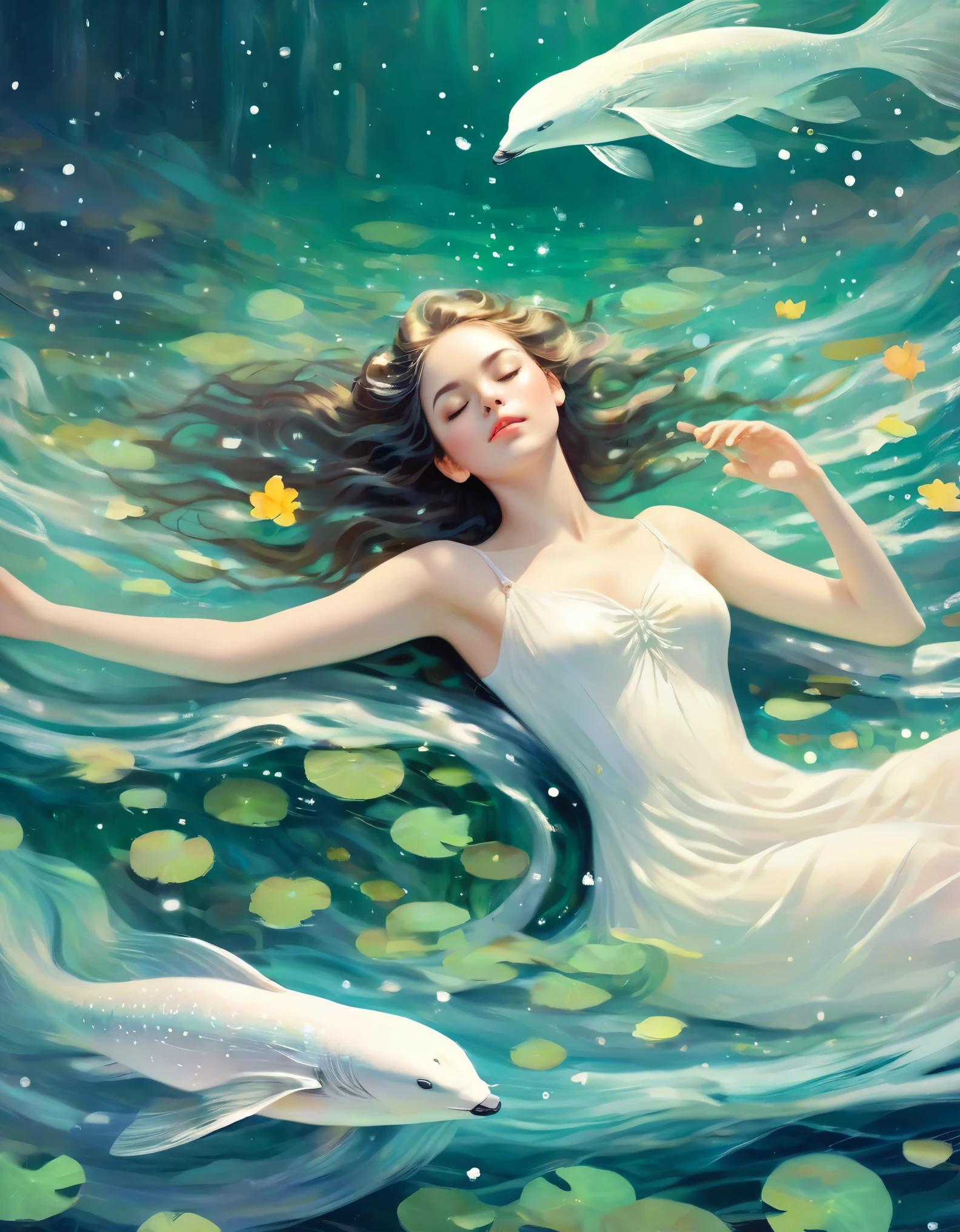 A girl wearing a white dress is lying calmly in the blue seawater with her eyes closed. The water shimmers with sparkling light, and the waves are emerald green. Her skin is so white that it sparkles. Illustrative art, Ophelia, 1851 theme, Instagram style, young and beautiful Chinese female model, Kawachi skating rink style, ventilation, Mercury, natural light