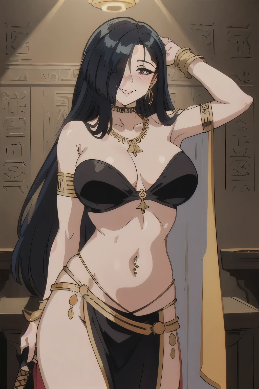 IM, 1girl, solo, hair over one eye, big breasts, blush,  perfect quality, masterpiece, best quality, highly detailed ,glint,halterneck,gold_choker, complex detailed background,
inside, stone wall, ancient interior, ancient egyptian room, hieroglyphs, dark lighting, dark
atmosphere, (cowboy shot), holding a sword, sword, belly_chain,harem_outfit,navel, necklace,
pelvic_curtain,revealing_clothes, veil，masterpiece,best quality,1girl,mature,evil smile, smile,
female,mature,necklace,pendant, (nsfw) not safe for work, exposed belly, exposed navel, exposed
midriff, exposed lower belly, navel piercing