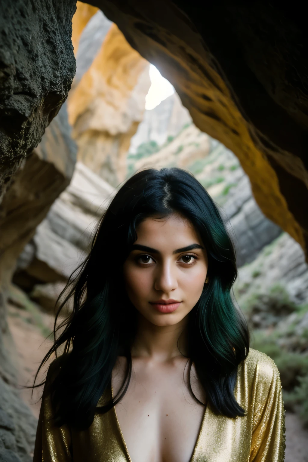 photography of an armenian woman with dark green hair, textured skin, goosebumps, in golden dress, dark and mysterious cave with unique rock formations and hidden wonders, perfect eyes, (candlelight,chiaroscuro), Porta 160 color, shot on ARRI ALEXA 65, bokeh, sharp focus on subject, shot by Don McCullin