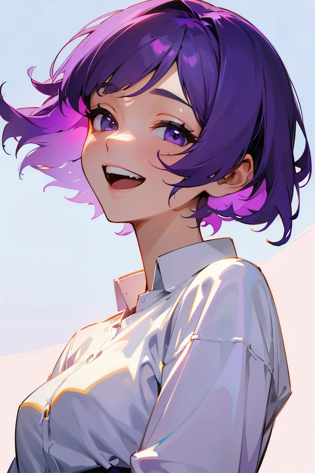 short hair woman、purple hair、wearing a white shirt、laughing