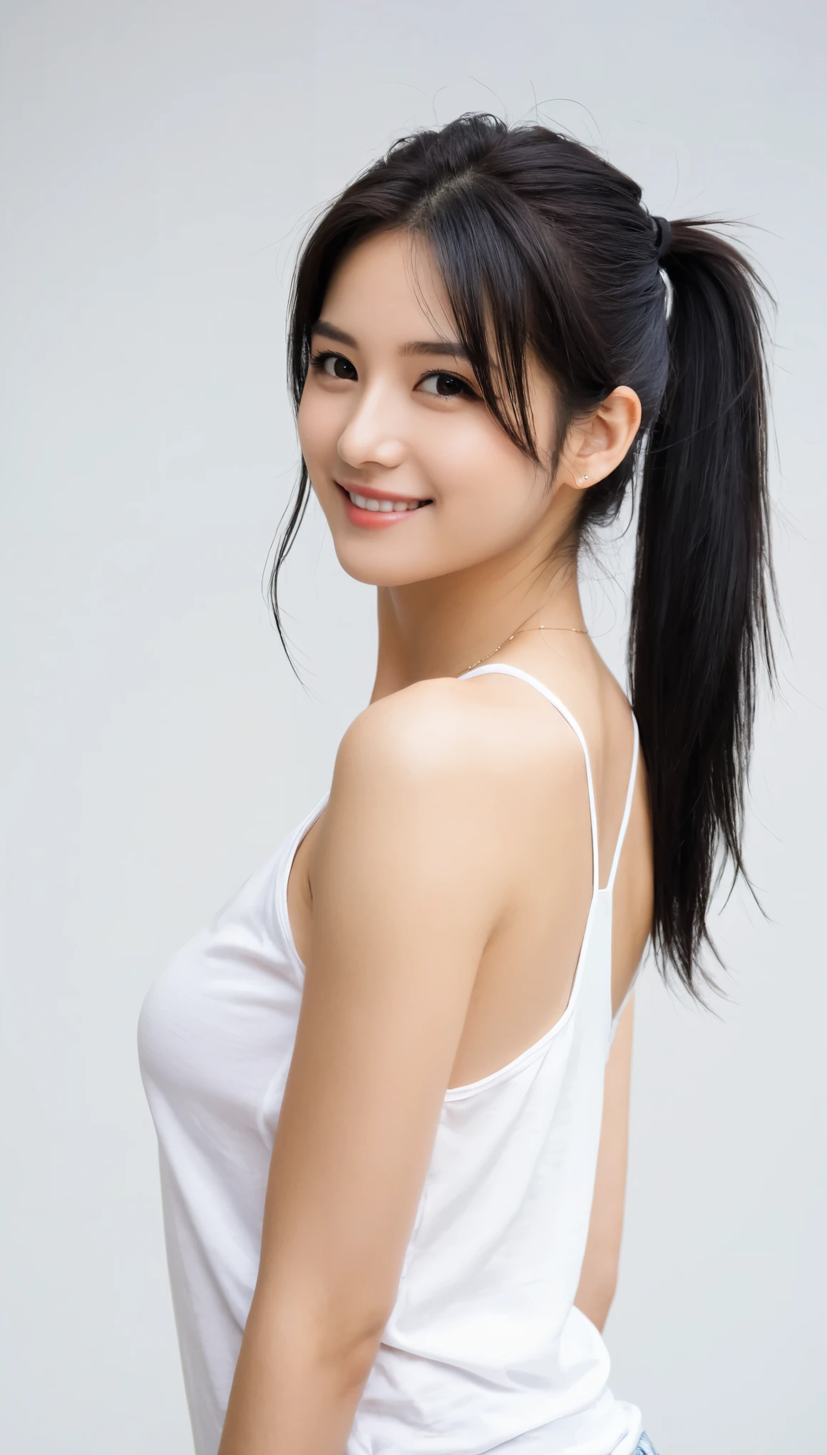 1girl, solo, black hair, ponytail, smile, lips, long hair, tank top, closed mouth, upper body, shirt, looking at viewer, bare shoulders, collarbone, black eyes, white shirt, head tilt, from side, looking at viewer,