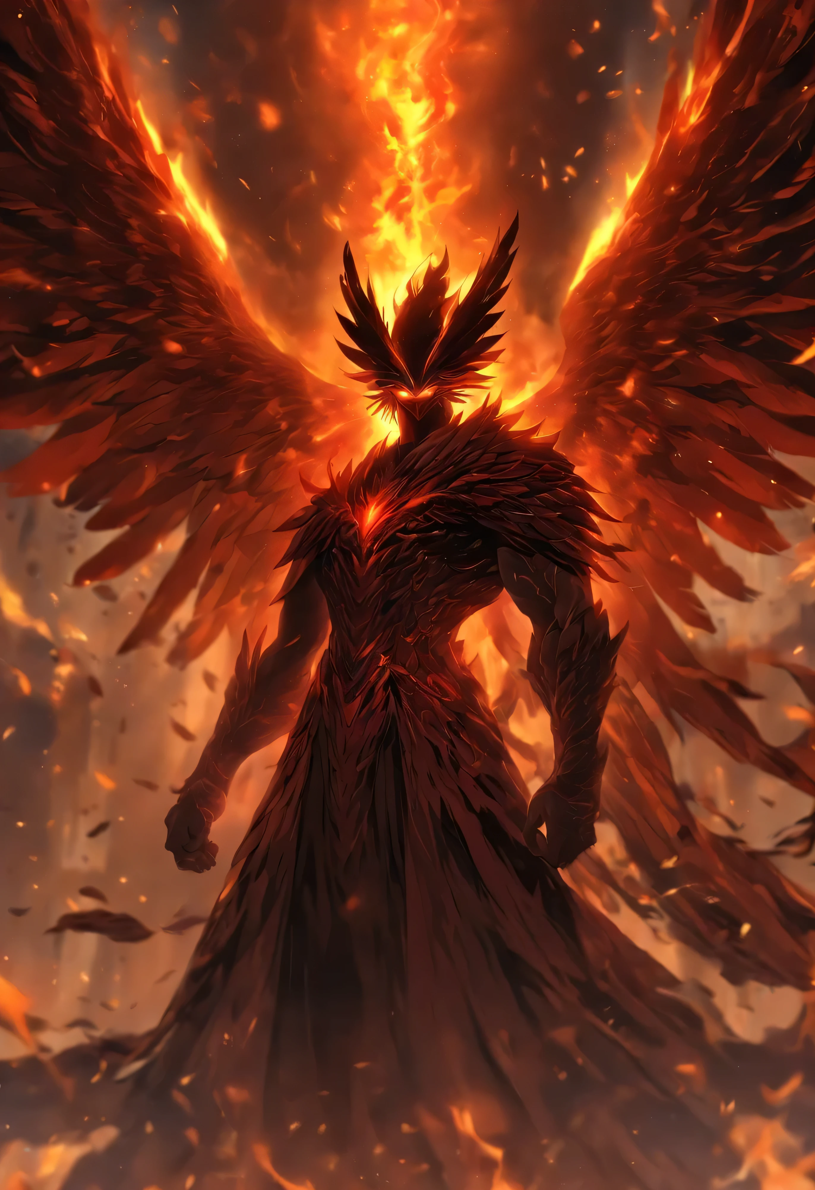 The mysterious strong man with a pair of wings behind his back. He gives an equally majestic and terrifying impression. He has the power of the elements, Can fly, if killed, He will be resurrected after a while. His power and status come from an evil source, So his skin is numb,no feelings, The divine power burned him. He is immune to dark or shadow powers and fire, And fire is even a source of power that he can absorb. He was wearing a thin suit, The white robe completely covered his body, The wings have special sleeves, a pair of white pants, and a hood. He is tall, 7'3", medium build,muscular. His skin is quite pale, Just within the normal skin tone range, There are countless scars on it. He has a strong, He has sharp claws on his fingers and toes. His wings are large and covered in Brown feathers, eagle like wings. under his hood,He has a pair of kind but intense red eyes, His hair is long, Brown, and wavy.
