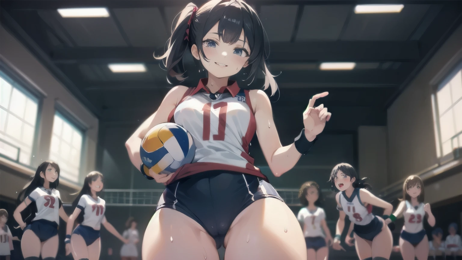 unity 8k wallpaper, anatomically correct, (((masterpiece))), (((best quality))), (((ultra detailed))), (((high-resolution))), ((super fine illustration)), ((Ultimate cutie)), ((detailed beautiful face)), perfect hands, perfect finger, (((good anatomy))), BREAK, multiple girls, lovingly gaze, harem, group picture, , (potbelly), (Curve), medium breasts, ((thick thighs)), Shiny hair, (((coquettish smile))), (((blush))), BREAK, Adidas, Sleeveless collared Volleyball Uniforms, ((wristbands)), BREAK, (Hold the beautiful spherical 6-inch volleyball), ((Sweat)), (perspired), (Heavy breathing), in gymnasium, in volleyball court, depth of field, strong light, cowboy shot,,