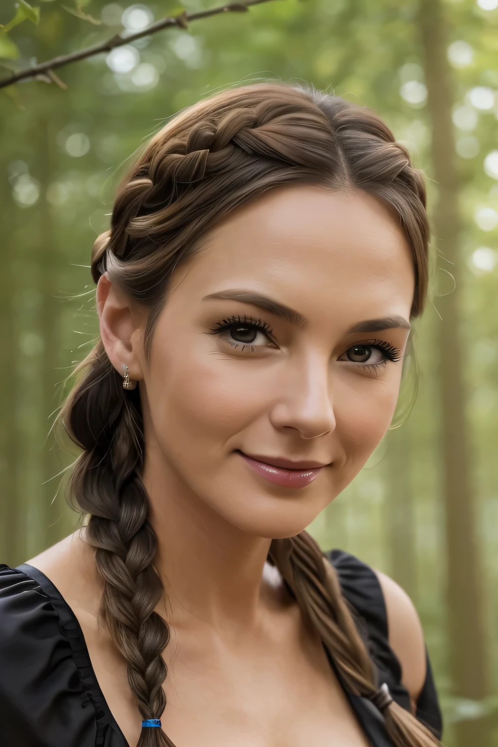 最high quality,masterpiece, German woman in her 40s1名, alone, model shoot, wonderful, arena, (((I wore it))), View Users, smile, blush, hairpin,(( Braid)), hair ornaments, ((hair clip)), detailed face､masterpiece, 最high quality, high quality, High resolution､party dress,(in the forest), ((German woman in her 40s)), sexy､portrait､big breasts､(costume_random)､(((close up of face)))