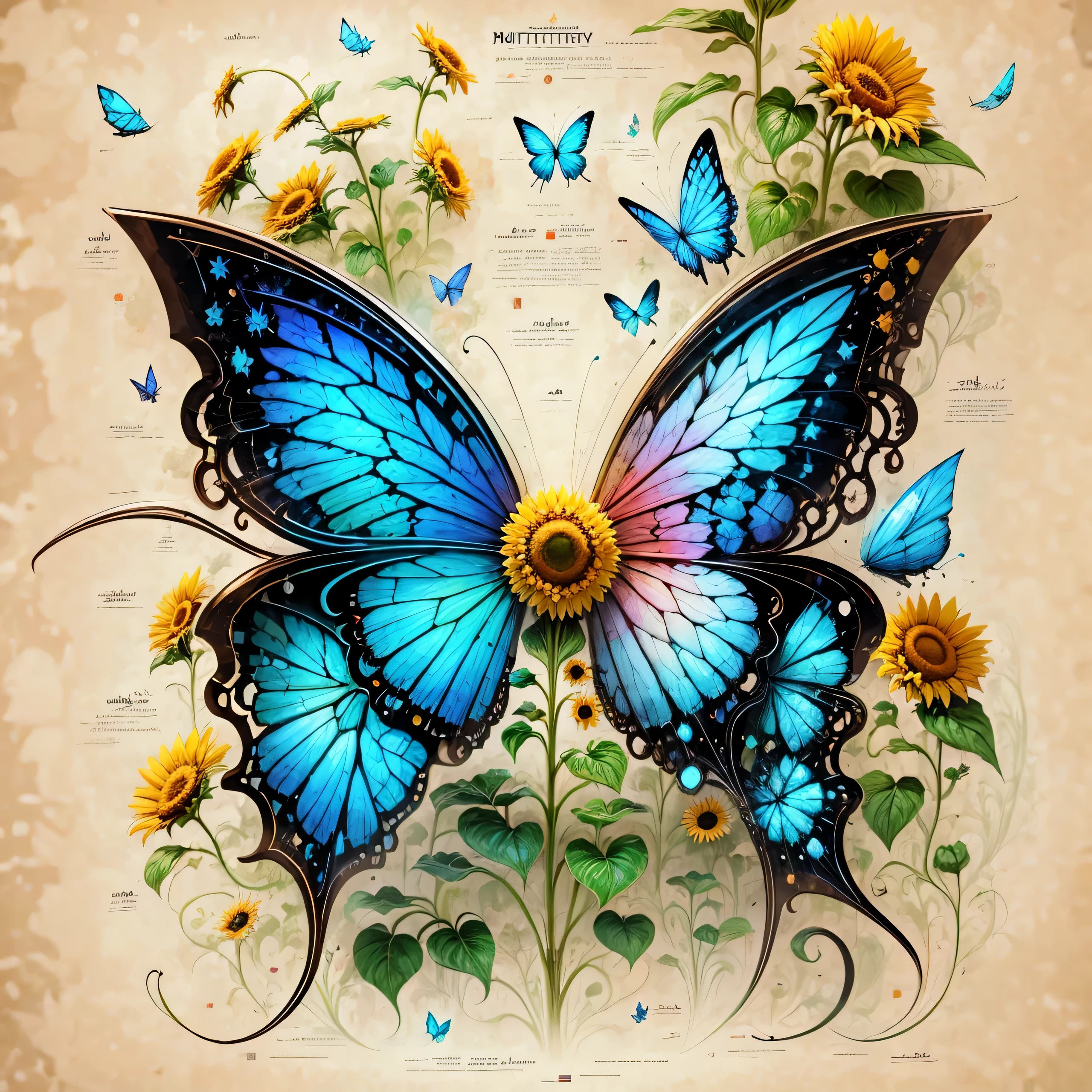 half of butterfly&#39;s wings have sunflower elements