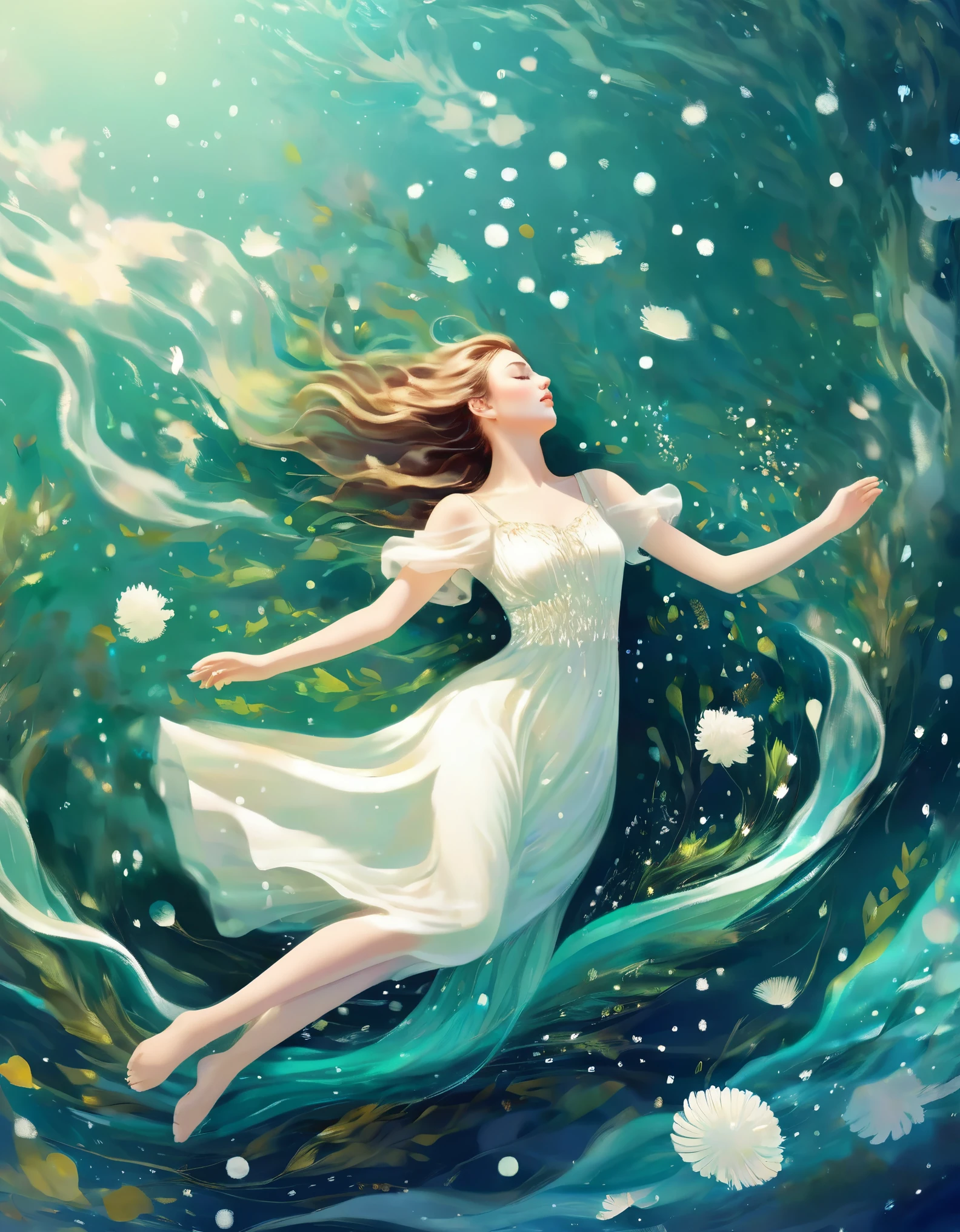 A girl wearing a white dress is lying calmly in the blue seawater with her eyes closed. The water shimmers with sparkling light, and the waves are emerald green. Her skin is so white that it sparkles. Illustrative art, Ophelia, 1851 theme, Instagram style, young and beautiful Chinese female model, Kawachi skating rink style, ventilation, Mercury, natural light，in style of data visualization design, beautiful detailed