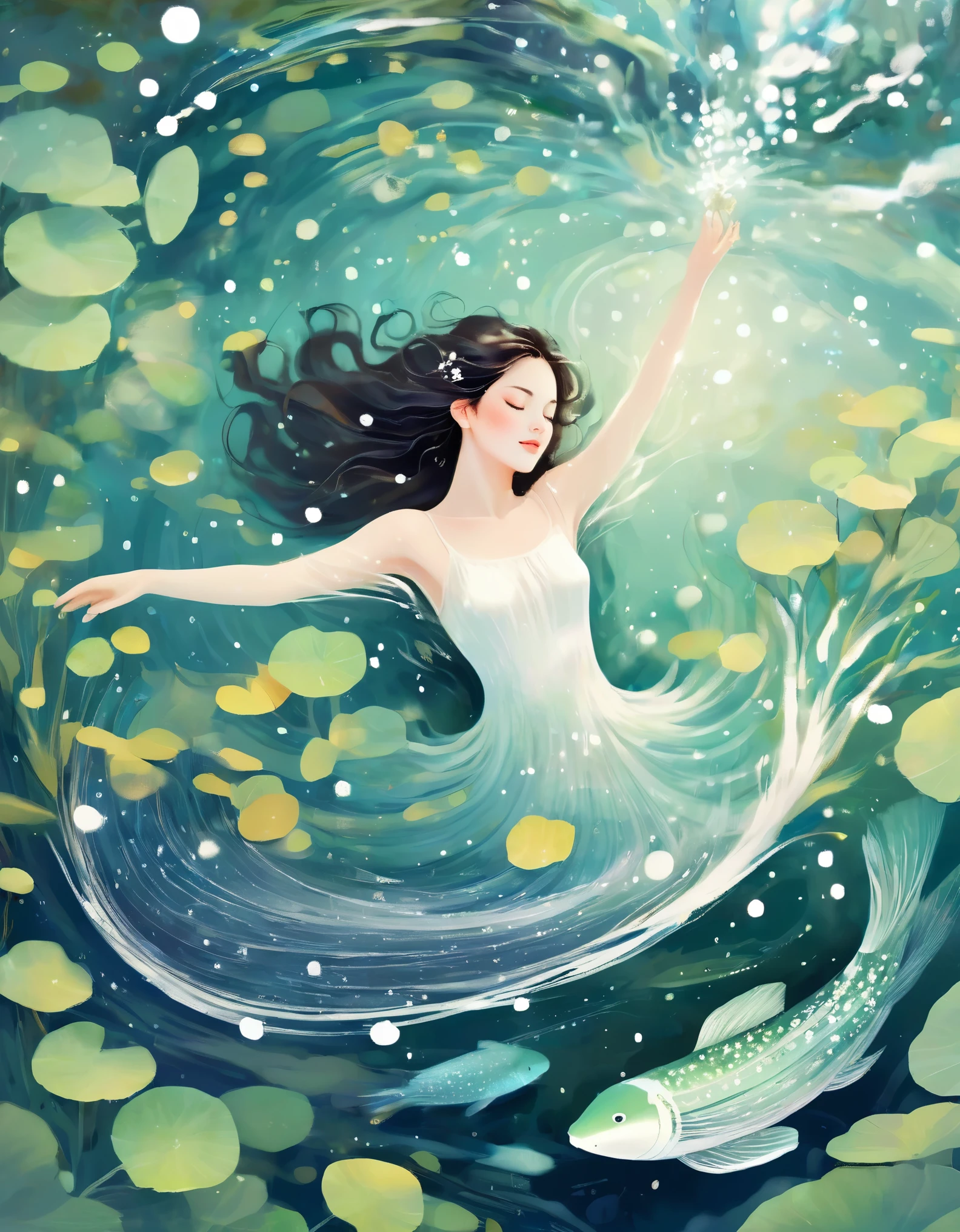 A girl wearing a white dress is lying calmly in the blue seawater with her eyes closed. The water shimmers with sparkling light, and the waves are emerald green. Her skin is so white that it sparkles. Illustrative art, Ophelia, 1851 theme, Instagram style, young and beautiful Chinese female model, Kawachi skating rink style, ventilation, Mercury, natural light，in style of data visualization design, beautiful detailed