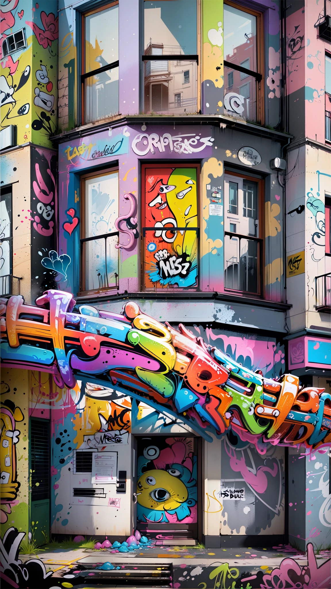 graffiti-covered building with a colorful curved window and a colorful pipe, grafite colorido, arte de rua 8k, detalhes e cores vivas, wall with grafite colorido, arte de rua graffiti, splashed with arte do grafite, tinta grafitti, mural colorido nas paredes, arte do grafite, tinta graffiti, Cidade colorida, arquitetura colorida, vibrant and vivid, grafites nas paredes, colorful building