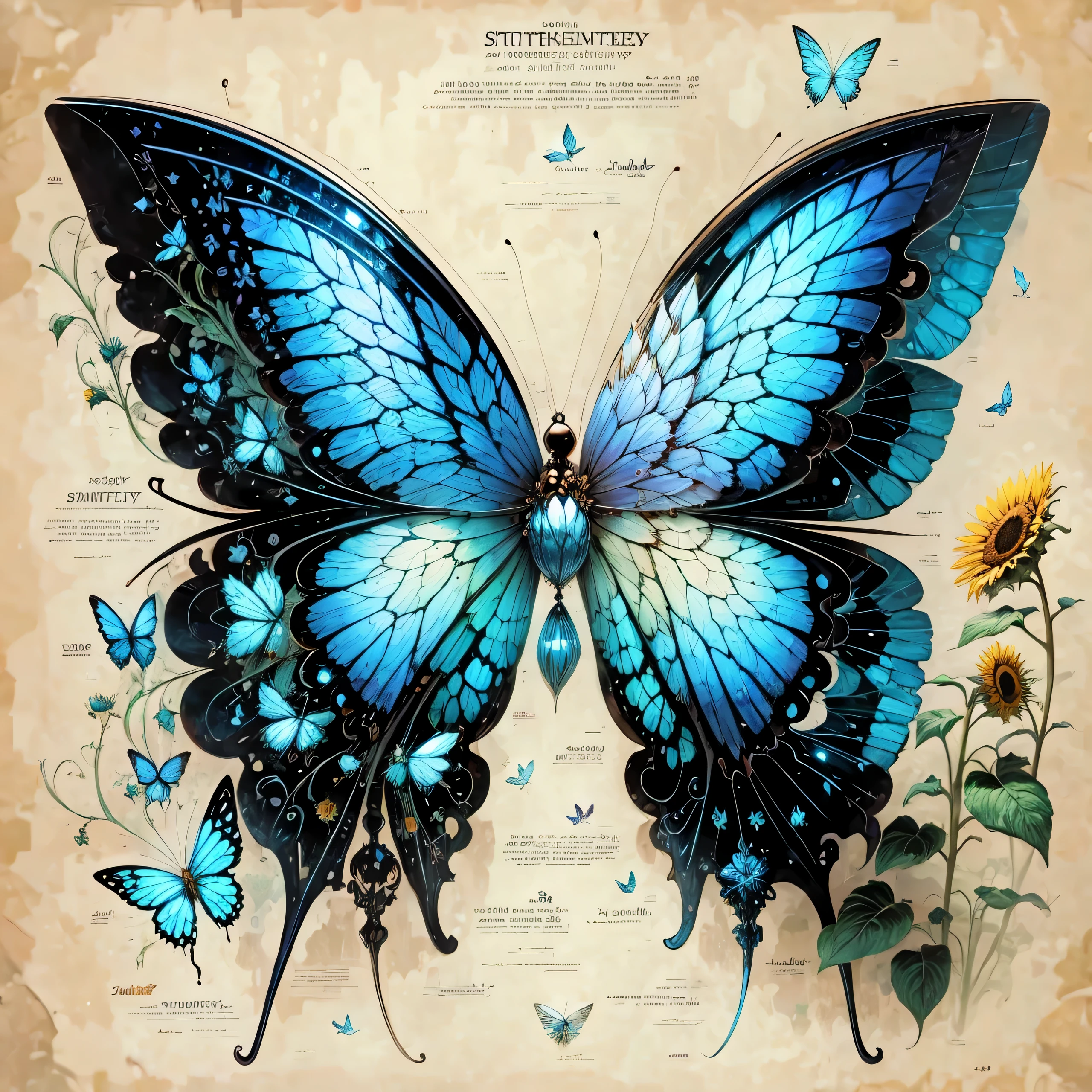 blue transparent wings,Sunflower under the butterfly,There is another book