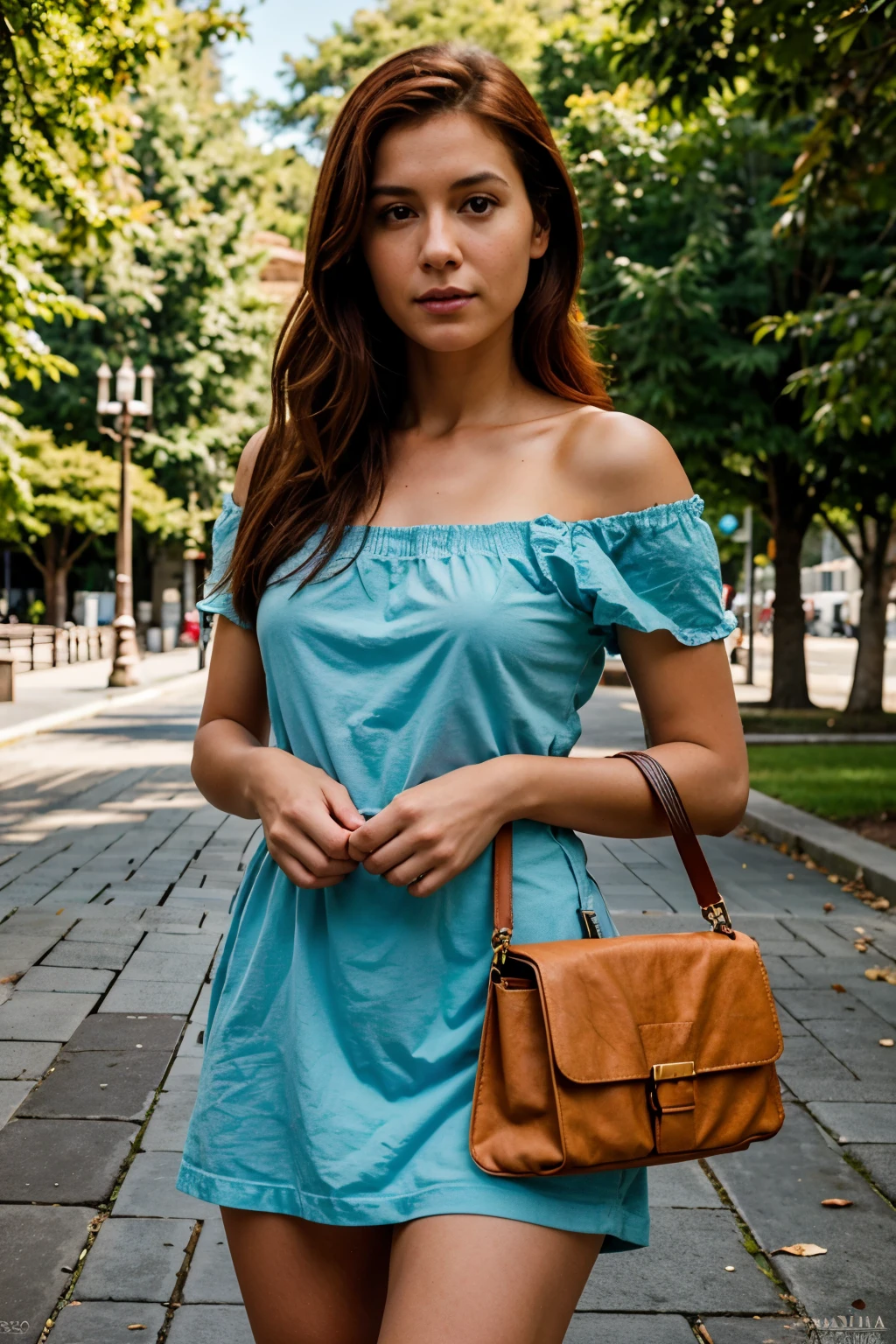 obra maestra, Mejor calidad, high resolution, Extremadamente detallado, antecedentes detallados, cinematic lighting, 1 chica, mirando al espectador, parque, vestido naranja, Brown eyes, red hair a little robust with a small blue bag crossed on her shoulder in her hand a watchtower magazine 