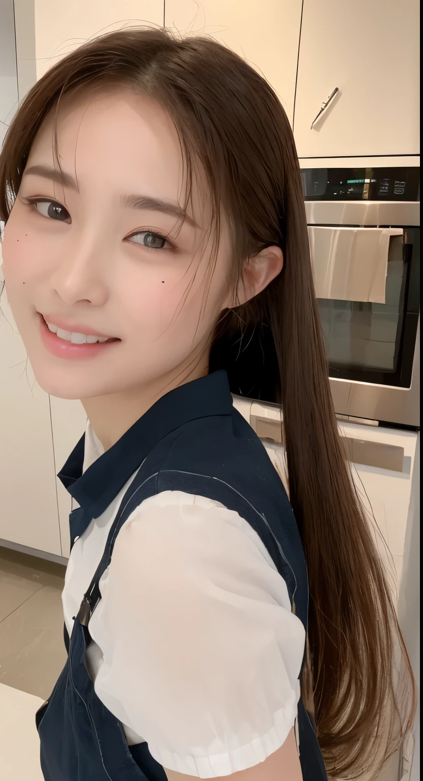 (top-quality、8K、masterpiece:1.3)、Beautiful Women in Perfect Figure:1.4、dark brown hair、Wearing a pendant on 、Wearing an apron、in a kitchen、extremely detailed face and skin、A detailed eye、A smile、Ponytail hair,fullbody,