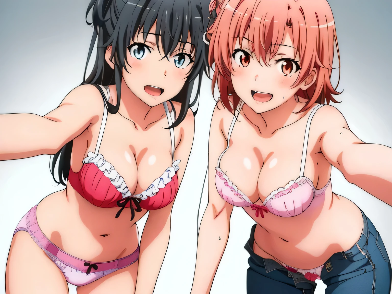 2 girls , Yukinoshita Yukino , yuigahama yui'the bust is amazing,pin up,In underwear,Please bring your face closer to the camera,(white panties:1.0),(red ribbon on pants),(pink panties),pussy,thighs,cowboy shot,high angle,beautiful eyes,open mouth smile,look at the camera,camera up to head