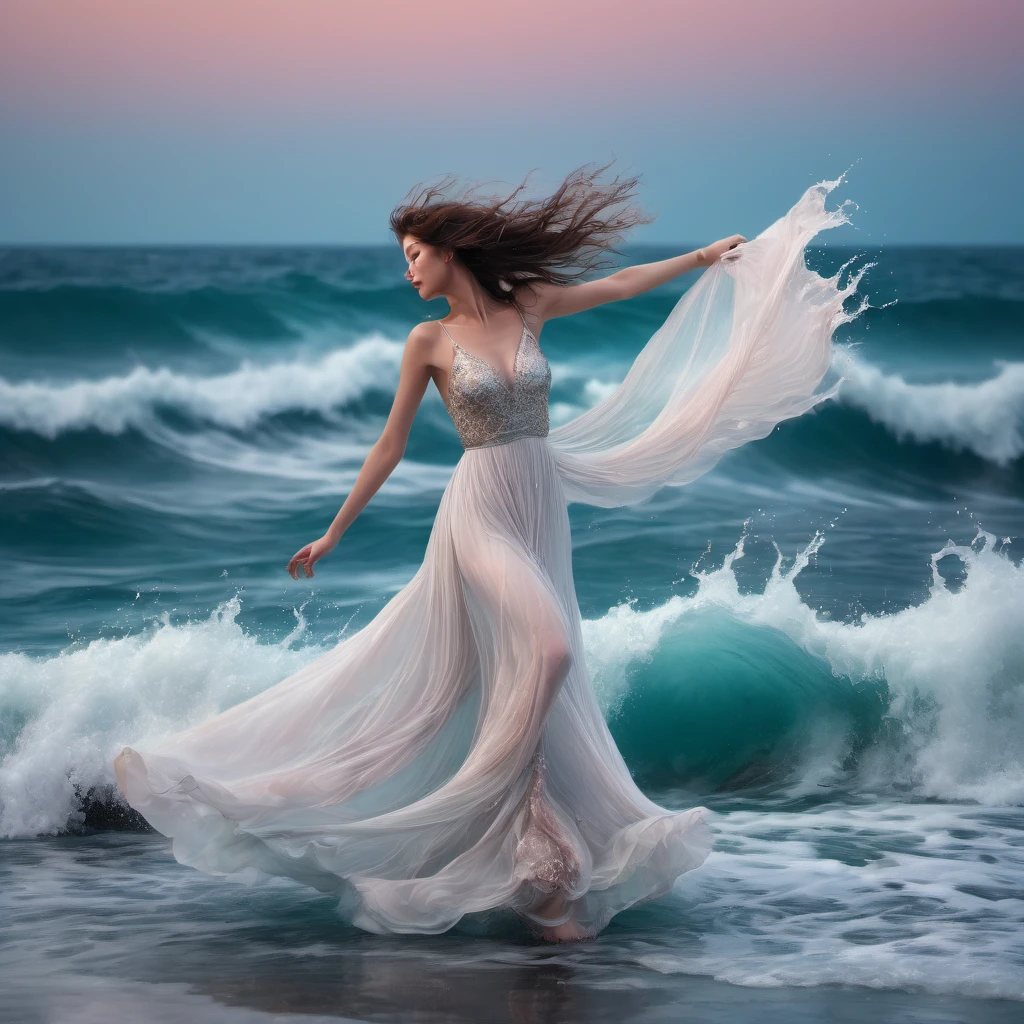 People Dancing on the Sea Surface, aesthetic, extremely detailed, (best quality,4k,8k,highres,masterpiece:1.2),ultra-detailed,(realistic,photorealistic,photo-realistic:1.37),people dancing on the sea surface, Gerald Brom and Zdzisław Beksiński inspired, surrealistic, vibrant colors, dynamic lighting,crashing waves,windswept hair, shimmering water,reflection on the sea,joyful movement,fluid and graceful dance, mesmerizing poses, subtly flowing dresses, captivating expressions, ethereal atmosphere,whimsical and dreamlike scenery, intricate patterns and textures, dramatic contrast, powerful emotions, fascinating interaction with the sea,fantastical elements blending with reality