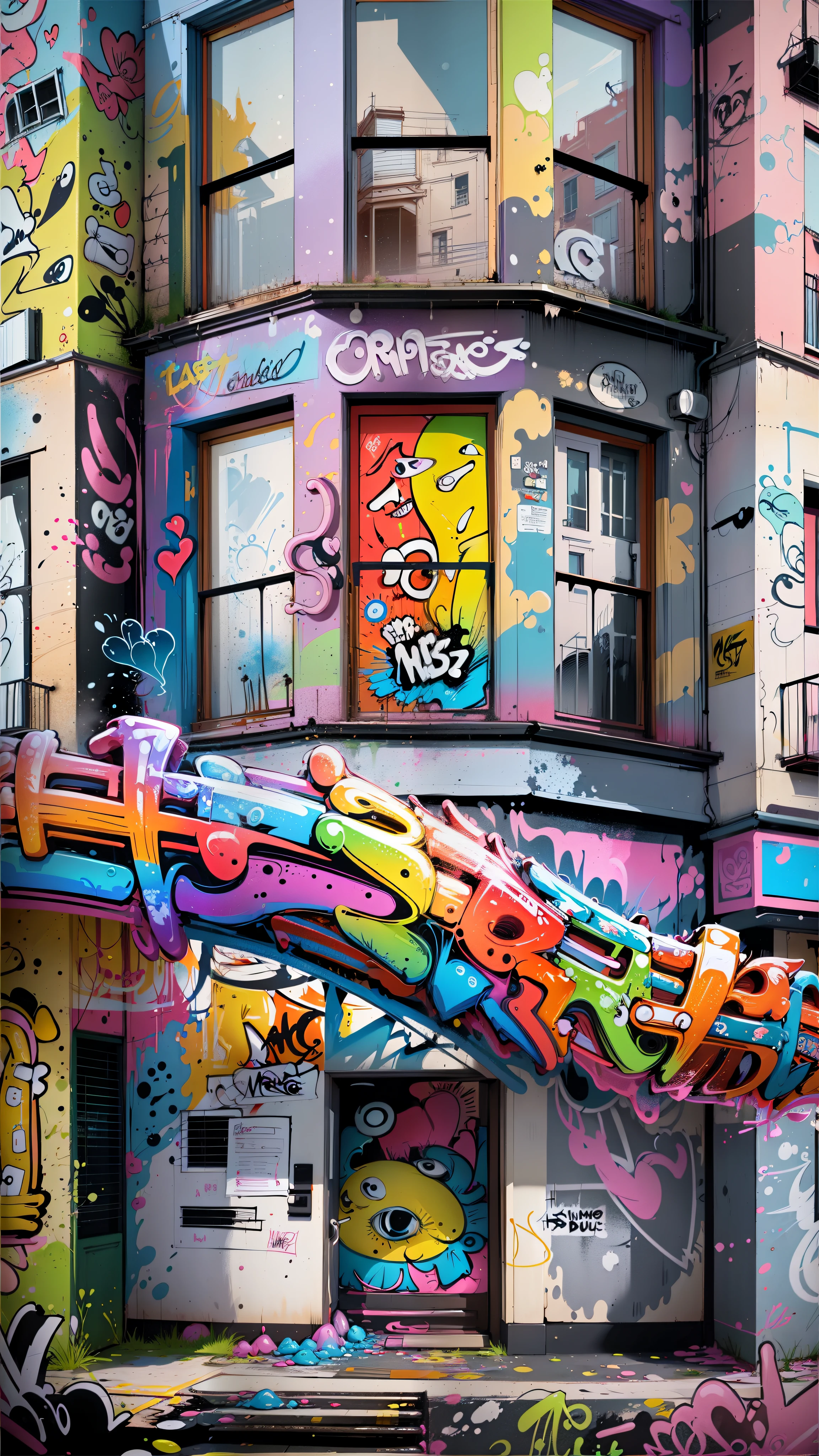 graffiti-covered building with a colorful curved window and a colorful pipe, grafite colorido, Arte de Rua 8K, detalhes e cores vivas, parede com grafite colorido, arte de rua graffiti, salpicado com arte do grafite, tinta grafitti, mural colorido nas paredes, arte do grafite, Tinta Graffiti, Cidade colorida, arquitetura colorida, vibrant and vivid, grafites nas paredes, colorful building