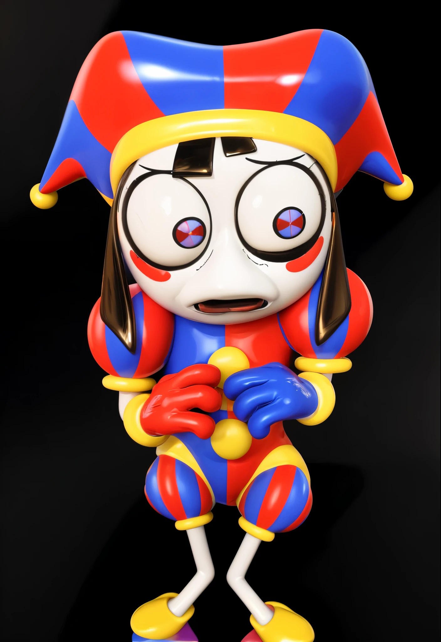 cartoon clown with a sad face and a clown hat, cutecore clowncore, jester, clown girl with white face, creepy clown girl, stylized 3 d, glossy texture, smooth 3d model, chewing body, glossy plastic texture, 4k, realistic, rim light, digital illustration
