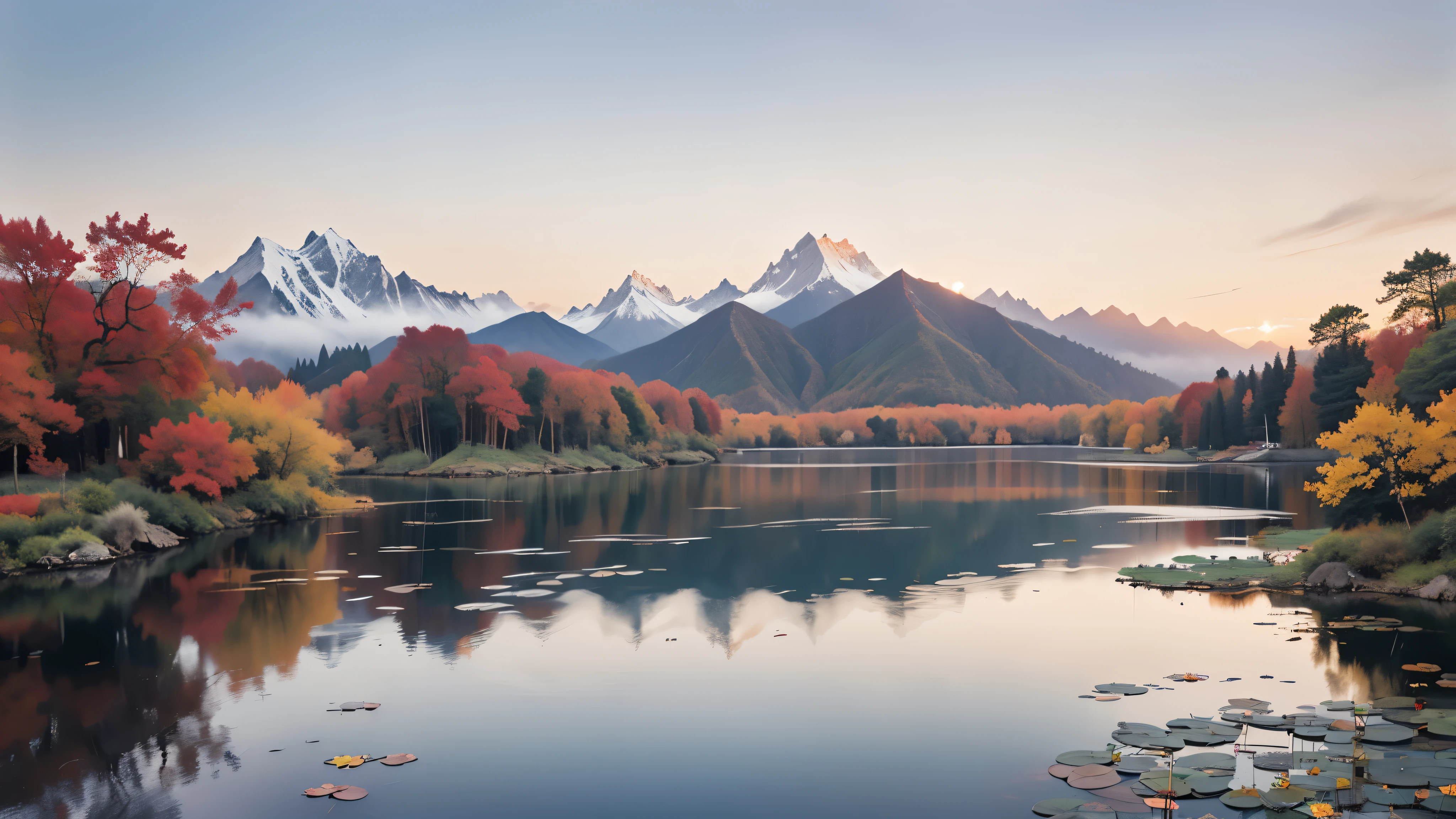 (tmasterpiece,best qualtiy:1.2), Autumn scene, Red maple forest,Lotus leaf,lotuses,Distant mountains,Sunset Dusk,The composition is minimalist,exteriors,UHD resolution,realisticlying,Very realistic