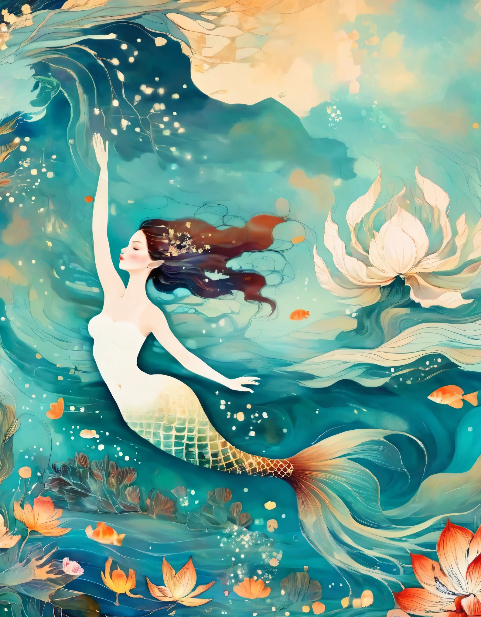 Tropical Island Mermaid by Victo Ngai and Anna Dittmann, flowerpunk, serene stylized, ocean, ukiyo-e, beksinski, leonid afremov