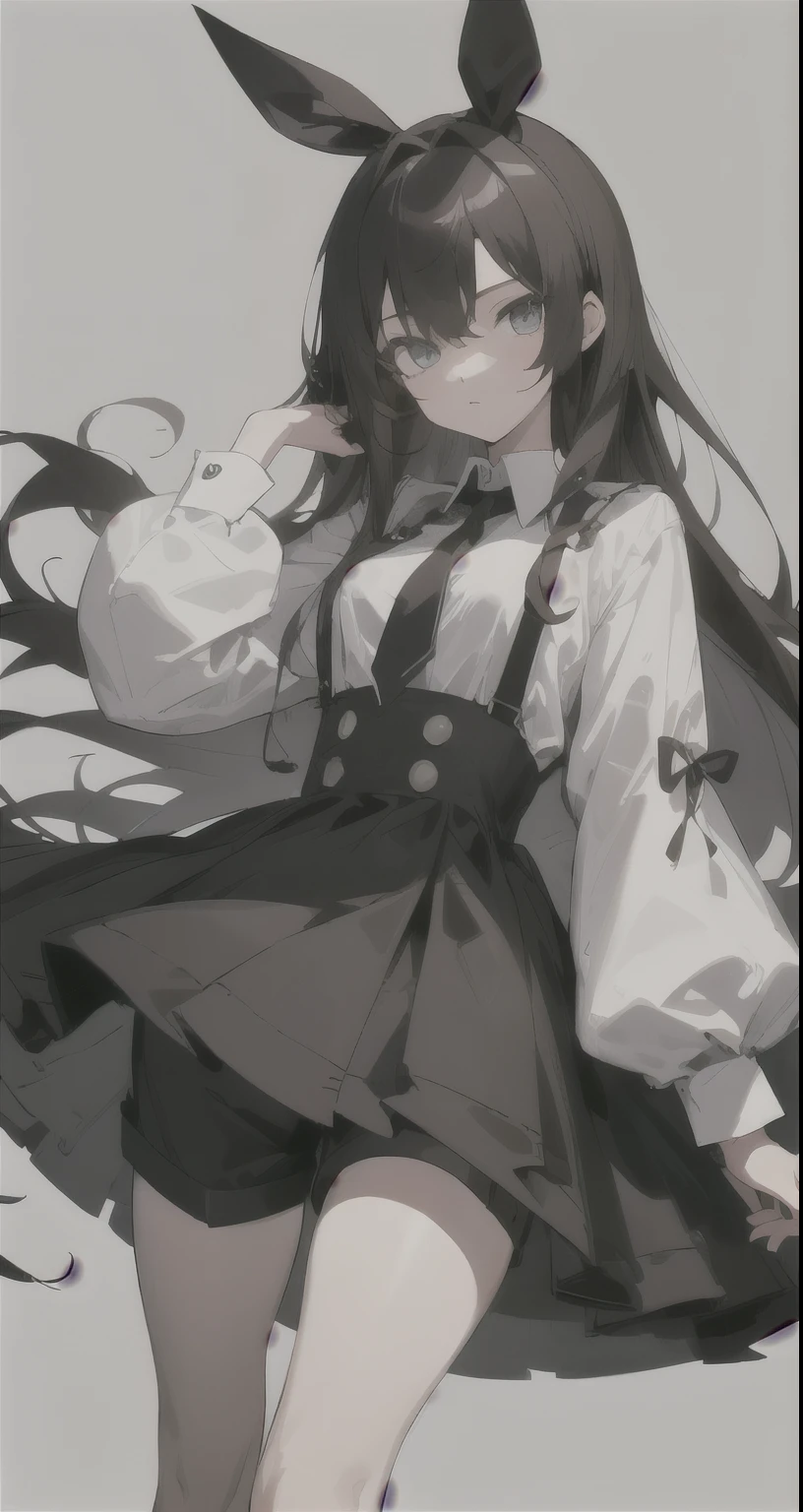 masterpiece, (((highest quality)))), ((super detailed)), ((illustration)),
(((simple_background))),
1girl, large_breasts, brown_hair, (long_hair), fluffy hair, dark_blue_eyes, clavicle, white dress shirt, [serious], dangerous, poisonous, looking_at_viewer, full_body
(Alice_in_wonderland, long_sleeves, 1), black_short_pants, black_hair_ribbon)