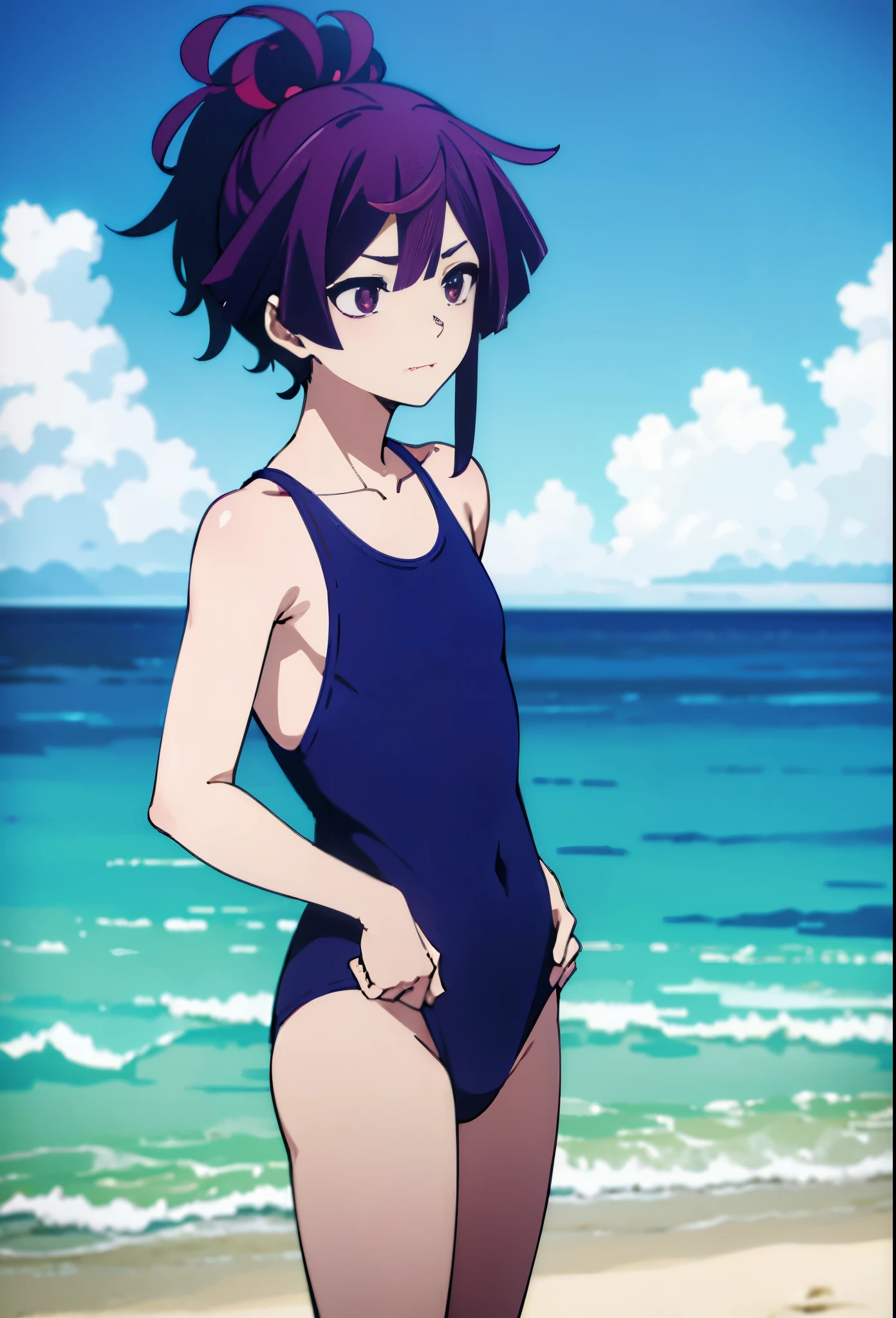 アニメの男の子 in a navy blue and purple swimsuit on the beach waving、Boy with short purple hair、Red-eyed boy、ponytail hair、solo、is wearing a swimsuit、ワンピースswimsuit、clothing:ハイカットswimsuit、swimsuit、dark blueと紫のタンクスーツを着た男性、ワンピースswimsuit着用、wet swimsuit、dark blueと紫のハイレグレーシングスイムウェア、競泳swimsuit、dark blueと紫のハイレグレーシングスイムスーツ、(anime men)、on the beach、bewitching girl wearing tanksuit、水泳競技用swimsuit、beautiful anime boy、dark blue:7 purple:3、highleg、cute boy wearing competition swimsuit、 cute anime boy、in the sea、pretty anime boy、anime moe art style、Smooth anime CG art、Also、best anime boy、naughty anime style、!!full body portrait!!、beautiful charming anime teen、male focus、