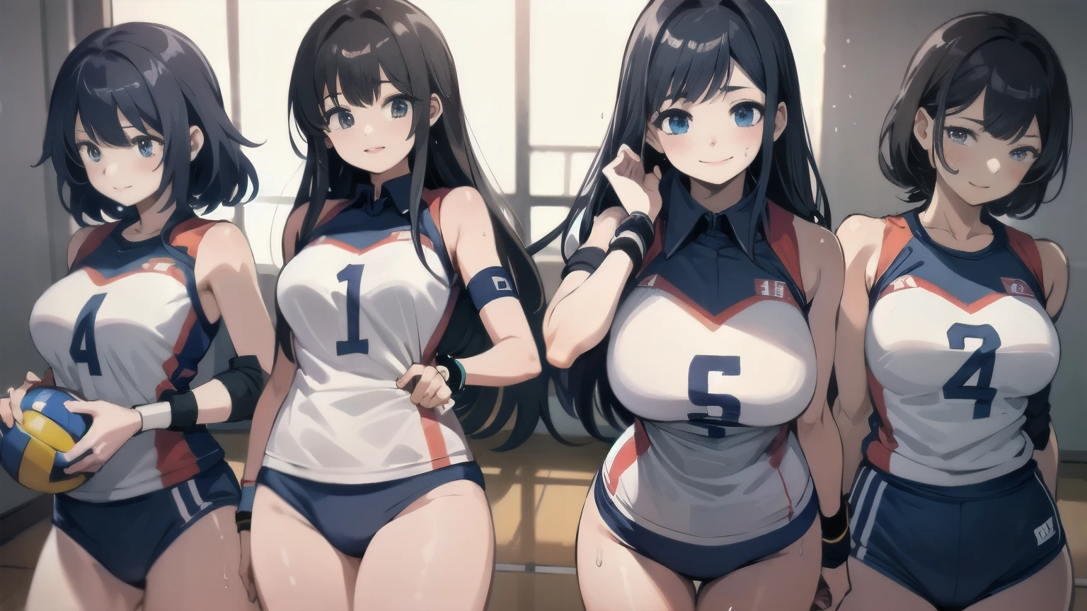 unity 8k wallpaper, anatomically correct, (((masterpiece))), (((best quality))), (((ultra detailed))), (((high-resolution))), ((super fine illustration)), ((Ultimate cutie)), ((detailed beautiful face)), perfect hands, perfect finger, (((good anatomy))), BREAK, multiple girls, lovingly gaze, harem, group picture, , (potbelly), (Curve), medium breasts, ((thick thighs)), Shiny hair, (((coquettish smile))), (((blush))), BREAK, Adidas, Sleeveless collared Volleyball Uniforms, ((wristbands)), BREAK, (Hold the beautiful spherical 6-inch volleyball), ((Sweat)), (perspired), (Heavy breathing), in gymnasium, in volleyball court, depth of field, strong light, cowboy shot,,