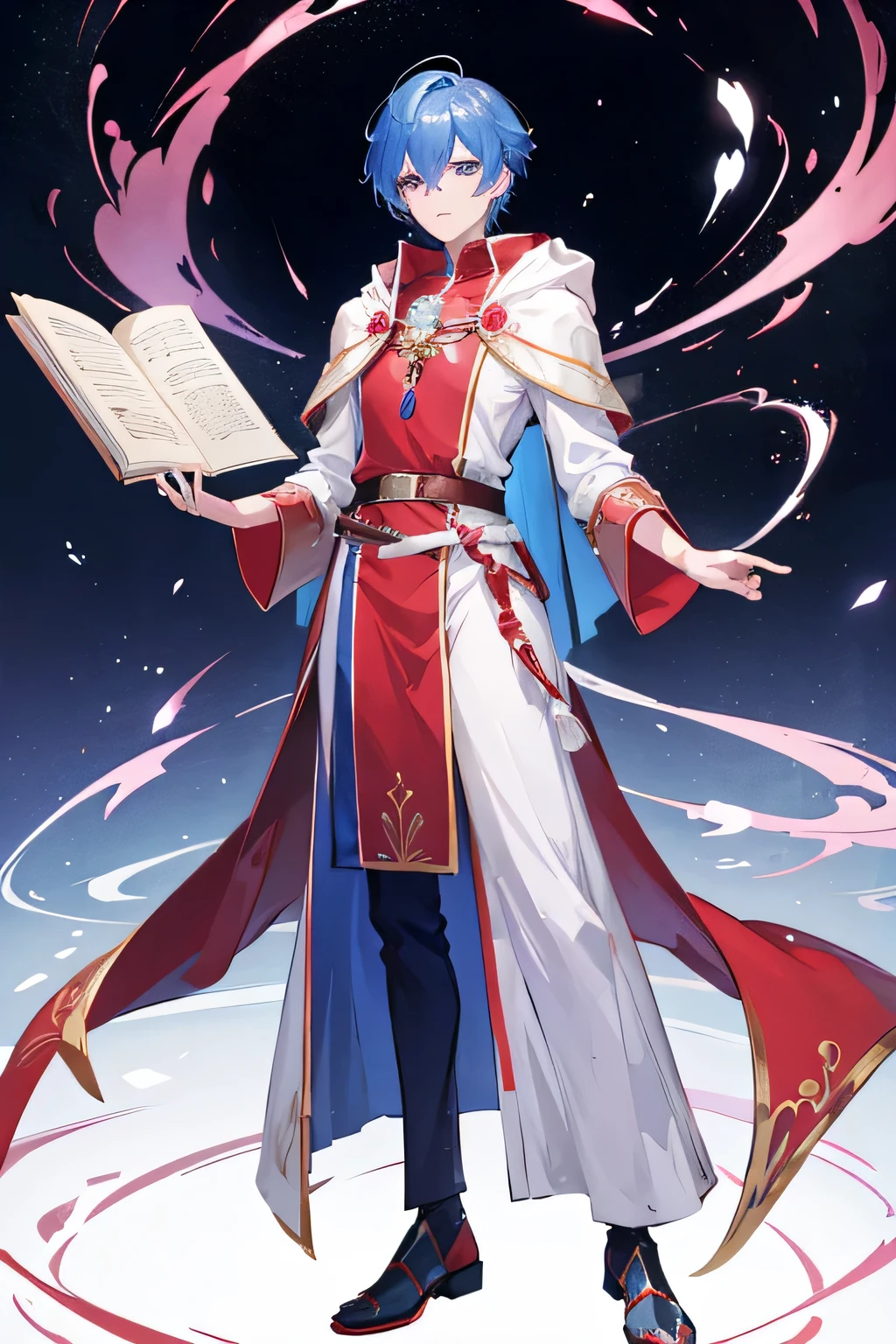 anime - style image of a male character dressed in a blue and red outfit, full person with legs, beautiful androgynous prince, image of mage, casimir art,full body of a male mage, delicate androgynous prince, fantasy mage, picture of a male cleric