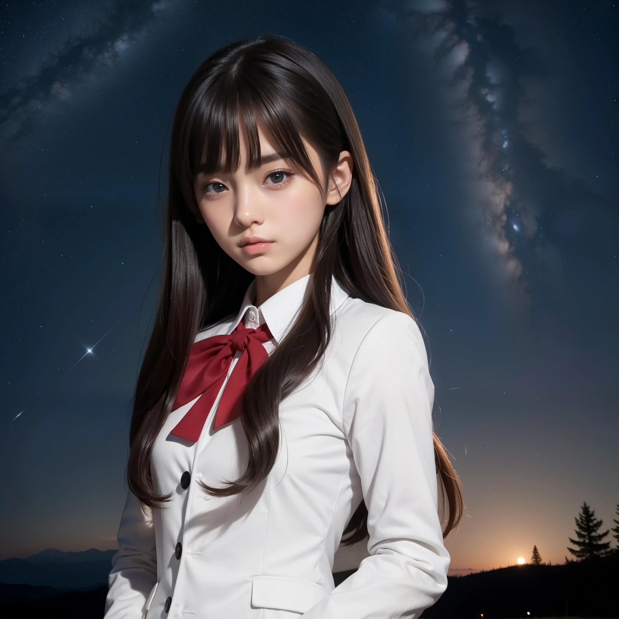 beautiful images、universe、fantasy、shooting start or herd、age girl、black eye、hair length、starry sky、Japanese、high school girl、Uniform appearance