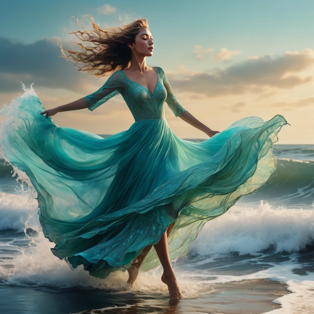 People Dancing on the Sea Surface, aesthetic, extremely detailed, (best quality,4k,8k,highres,masterpiece:1.2),ultra-detailed,(realistic,photorealistic,photo-realistic:1.37),people dancing on the sea surface, Gerald Brom and Zdzisław Beksiński inspired, surrealistic, vibrant colors, dynamic lighting,crashing waves,windswept hair, shimmering water,reflection on the sea,joyful movement,fluid and graceful dance, mesmerizing poses, subtly flowing dresses, captivating expressions, ethereal atmosphere,whimsical and dreamlike scenery, intricate patterns and textures, dramatic contrast, powerful emotions, fascinating interaction with the sea,fantastical elements blending with reality