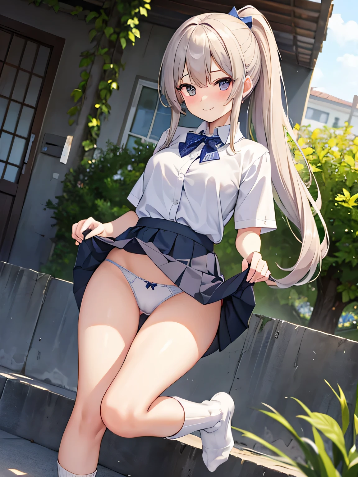 (1) There is a high school girl with beautiful legs., (She lifts up her skirt to show off her beautiful bare legs and panties:1.5), 
(2)  standing, I&#39;Iは立って彼氏にパンツを見せています,
(3) A high school girl wearing a white collared shirt and a navy blue uniform blazer.、The skirt is a mini version of the gray uniform skirt..、(I am wearing loose socks on my feet.:1.5), She wears loafers、
(4) The visible pants are simple white cotton.., 
(5) high school girl with brown ponytail, shining eyes, A provocative grin,
(6) The location is the high school courtyard.., 
(7) highest quality, High resolution, realistic pictures, realistic skin,