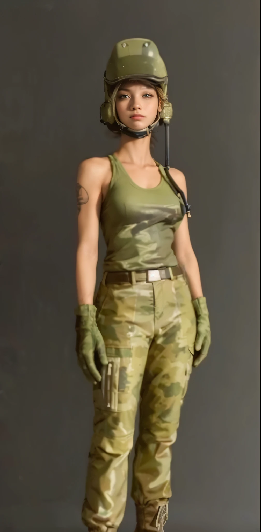 (realistic,photorealistic:1.37),(Super detailed), (Professional),(sharp focus), (Bright colors), (Bokeh),(portrait), (skin texture:1.1), (gun:1.1)、helmet with night vision scope